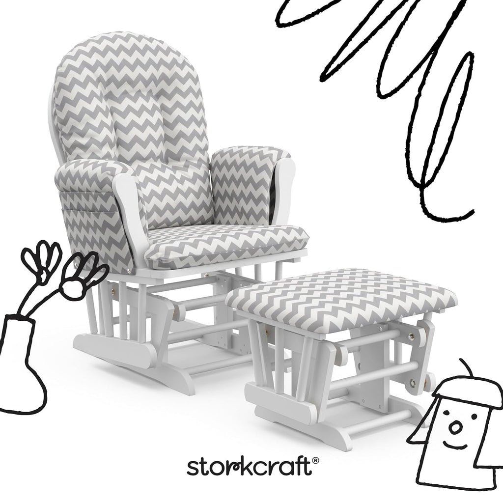 Storkcraft Premium Hoop Glider & Ottoman (White/Gray Chevron) — GREENGUARD Gold Certified Nursery Glider, Solid Wood Craftsmanship, Smooth-Gliding Nursery Chair and Ottoman, Award-Winning