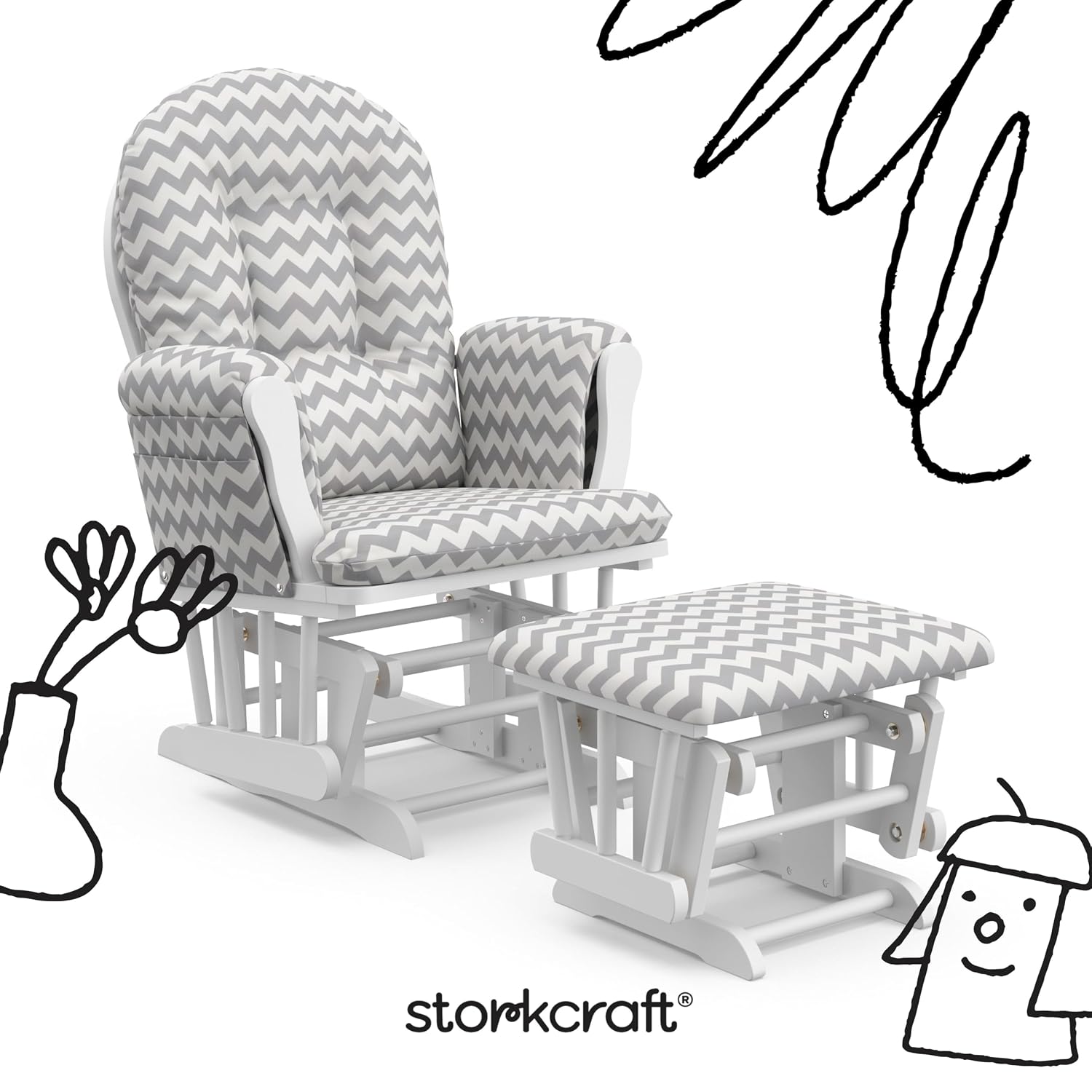 Storkcraft Premium Hoop Glider & Ottoman (White/Gray Chevron) — GREENGUARD Gold Certified Nursery Glider, Solid Wood Craftsmanship, Smooth-Gliding Nursery Chair and Ottoman, Award-Winning