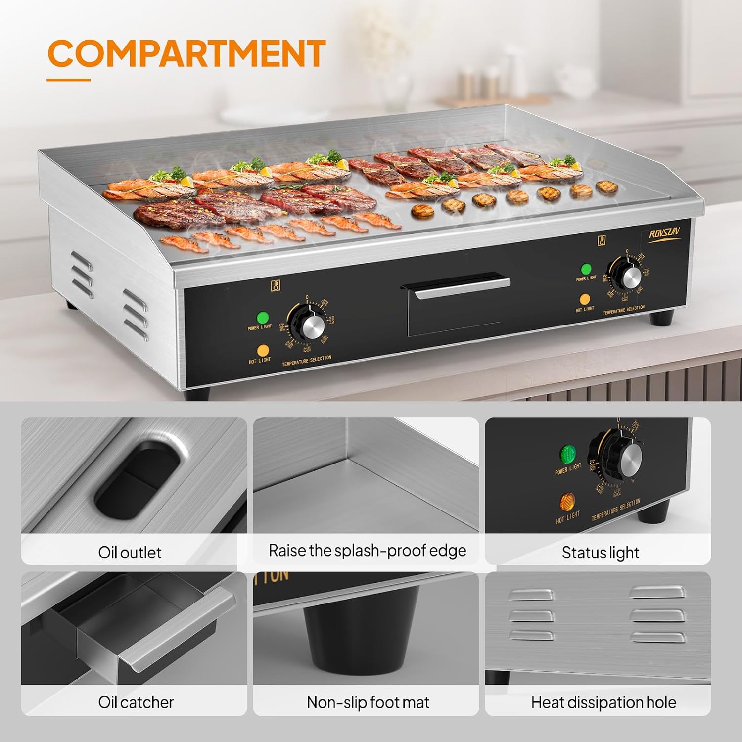 ROVSUN 30' Electric Countertop Flat Top Griddle, 3000W Electric Griddle, Teppanyaki Grill Stainless Steel with Adjustable Temperature Control 122°F-572°F for Commercial Home Restaurant, Plug