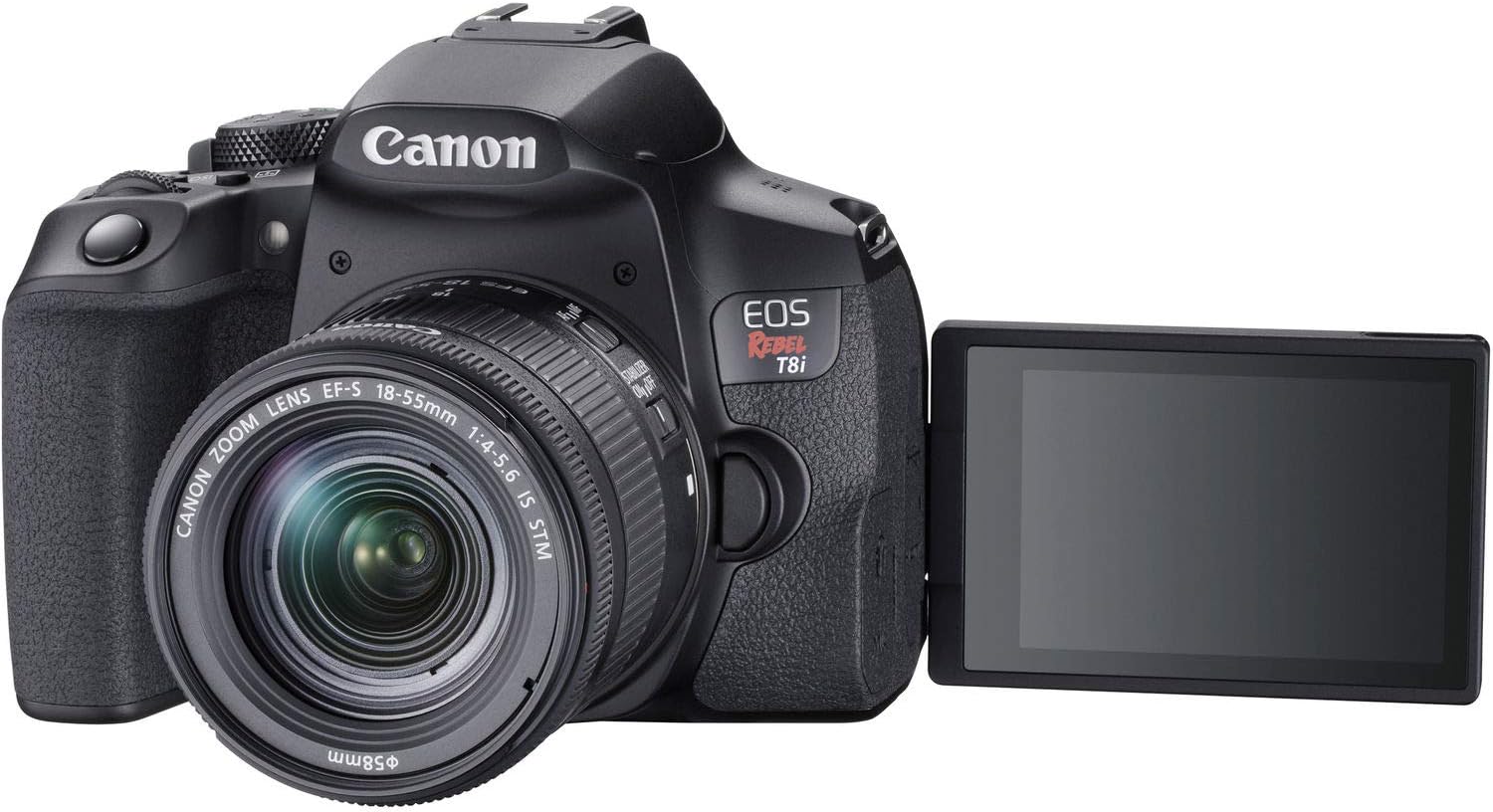 Canon EOS Rebel T8i DSLR Camera w/EF-S 18-55mm F/4-5.6 is STM Zoom Lens Bundle + Wide Angle Lens + Telephoto Lens + 128GB Memory + Case + Tripod + 3pc Filter Kit + Pro Kit (Renewed)