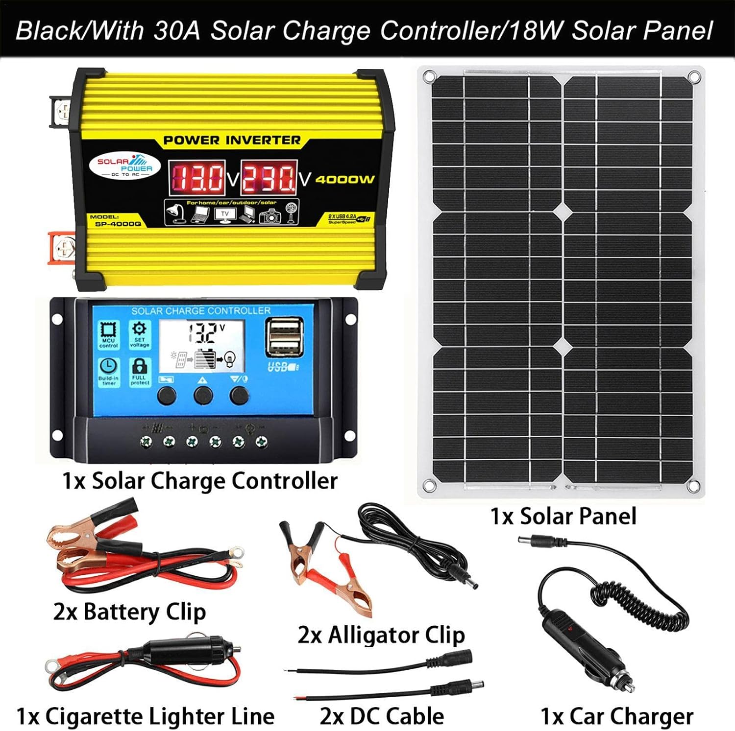Solar System, Portable Solar Panel Kit, 4000W Inverter with 2 USB Ports, 30A Solar Charge Controller, LED Screen Display, Fast Charging for Supply