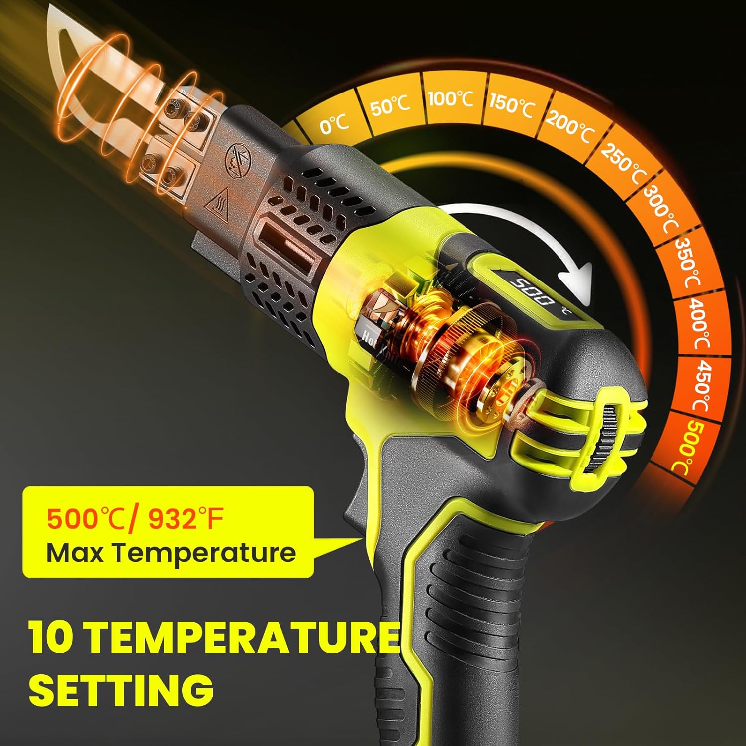 Huanyu Cordless Hot Knife with Temp. Display 100W Max 500℃ 3.0Ah Battery Powered Air Cooling Cutting Tool 4 Blades Set Electric Hot Knife Foam Cutting Tool Craft Shears for Rope, Fabric, Acrylic