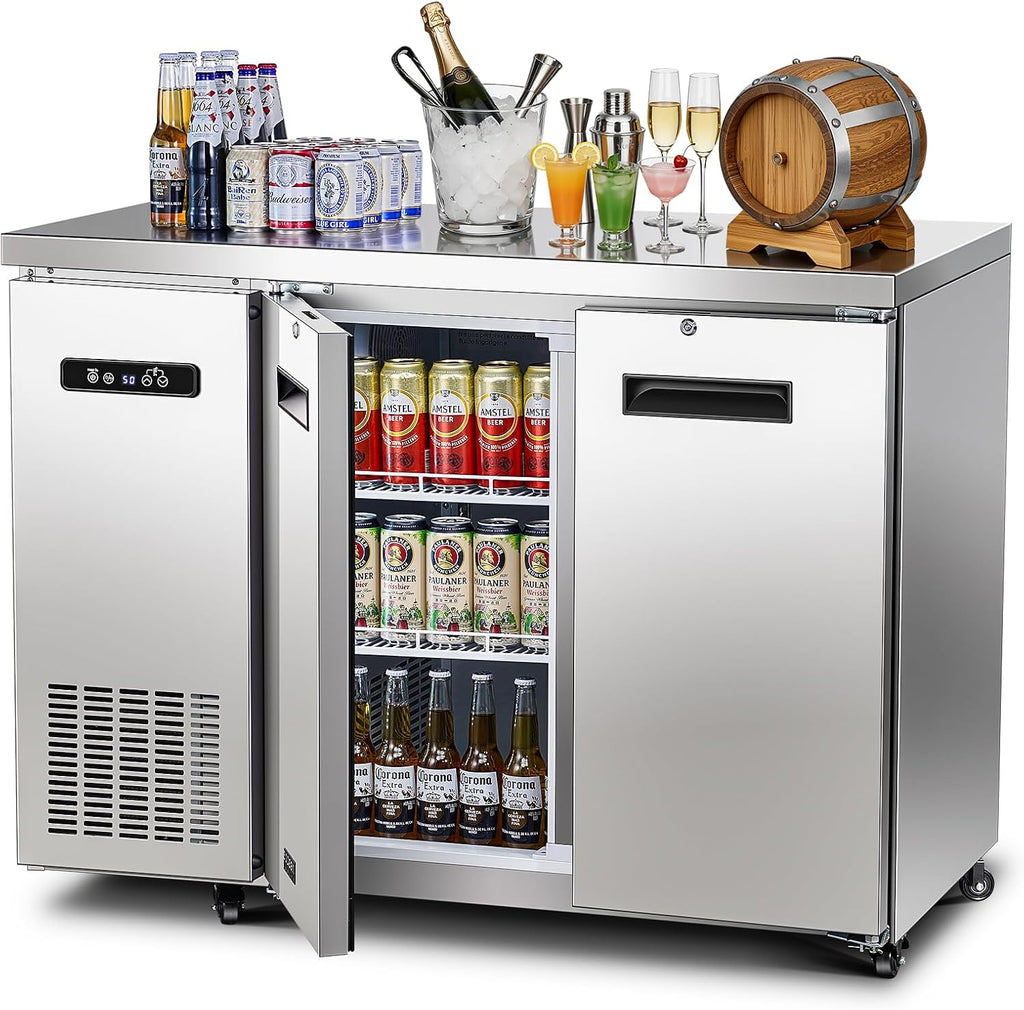BODEGA BODEGACOOLER Commercial Back Bar Cooler with 2 Solid Doors,12 Cu.Ft Stainless Steel Commercial Counter Height Bar Refrigerator,Display Drink Beverage Beer Fridge LED Light,SUS304 Top,4 Casters