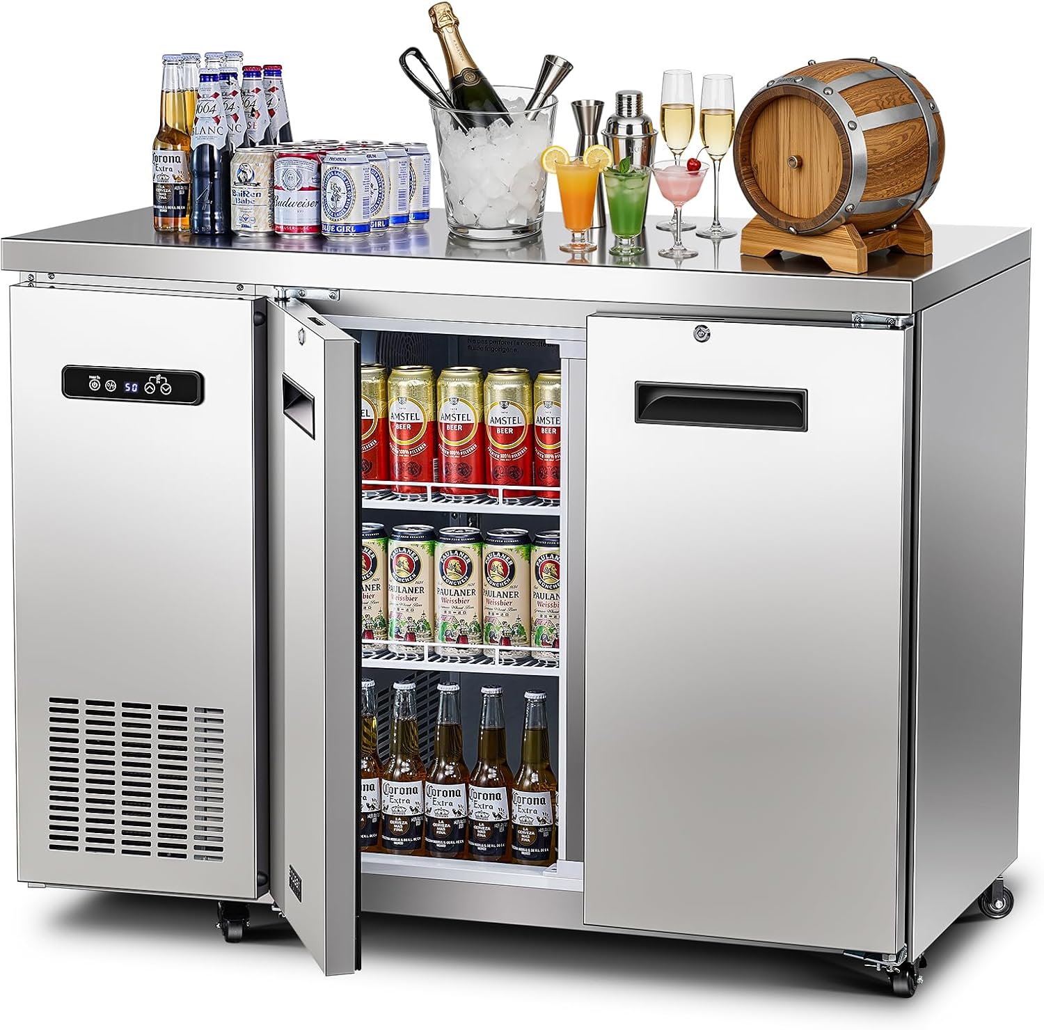 BODEGA BODEGACOOLER Commercial Back Bar Cooler with 2 Solid Doors,12 Cu.Ft Stainless Steel Commercial Counter Height Bar Refrigerator,Display Drink Beverage Beer Fridge LED Light,SUS304 Top,4 Casters