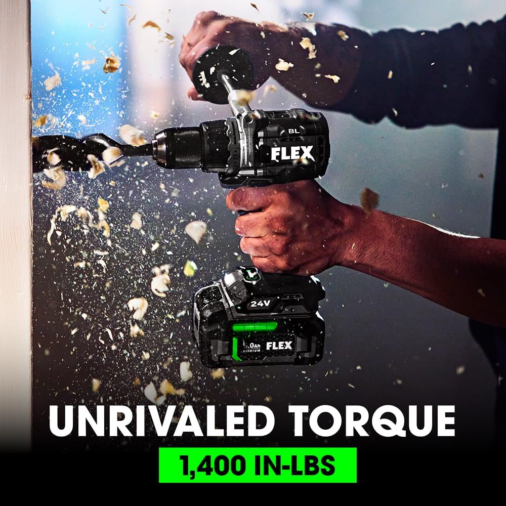 FLEX 24V Brushless Cordless 1/2-Inch 1,400 In-Lbs Torque 2-Speed Drill Driver Turbo Mode Kit with 2.5Ah, 5.0Ah Lithium Batteries and 160W Fast Charger - FX1171T-2B