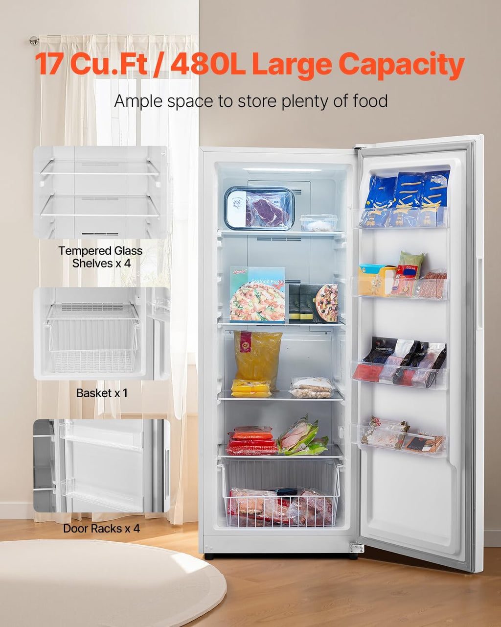 VEVOR Convertible Freezer/Refrigerator, 17 Cu.Ft Frost Free Upright Freezer with Temp Control Panel, Door Open too Long Alarm, Adjustable Shelves and LED, Standing Fridge for Kitchen, Office, Garage