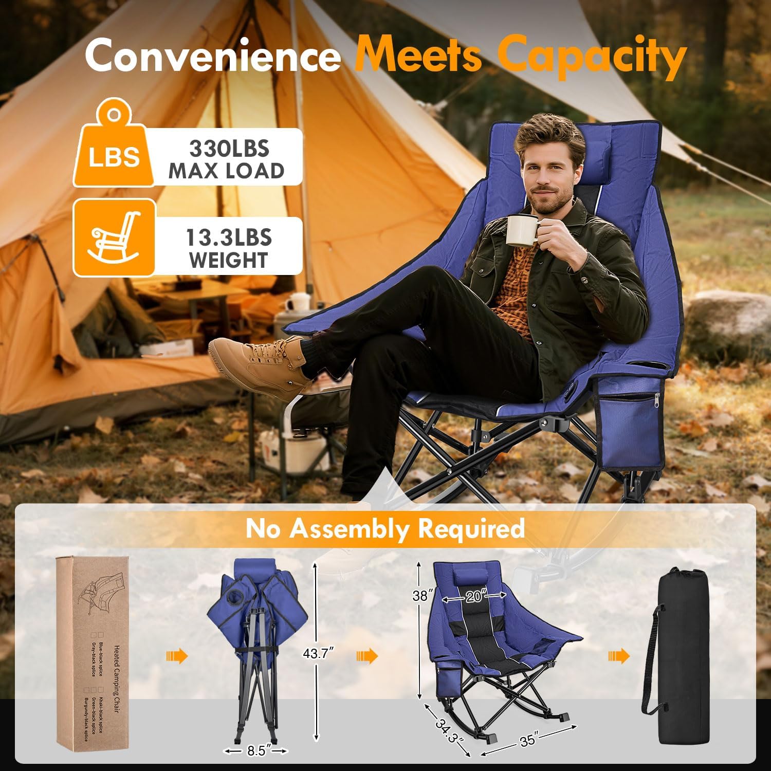 Slendor Oversized Heated Camping Chair with 2000mAh Battery, Padded & Pillow Heated Rocking Chair, 3 Adjustable Heat Settings Camping Rocker Chair for Easy Setup and Foldable Storage