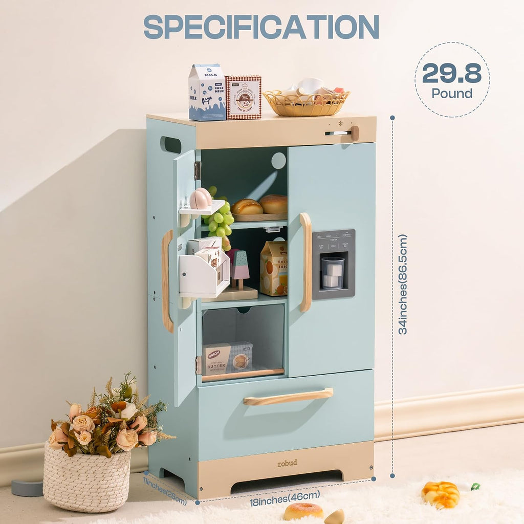 ROBOTIME Toy Kitchen Wooden Fridge, Play Refrigerator for Kids & Toddlers, Wooden Fridge Freezer Set with Ice Maker and Foods, Pretend Play Kitchen Playset for Ages 3+