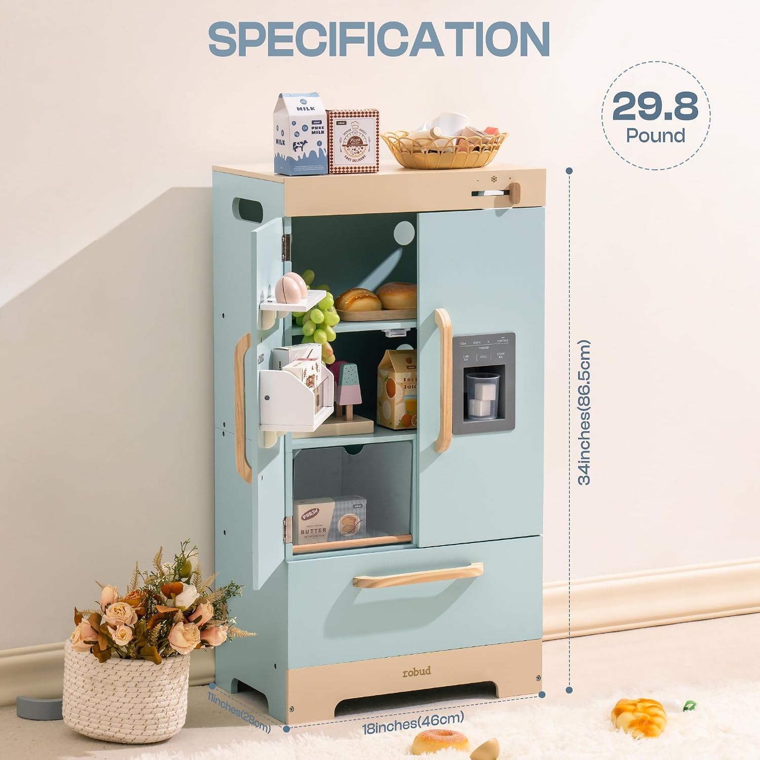 ROBOTIME Toy Kitchen Wooden Fridge, Play Refrigerator for Kids & Toddlers, Wooden Fridge Freezer Set with Ice Maker and Foods, Pretend Play Kitchen Playset for Ages 3+