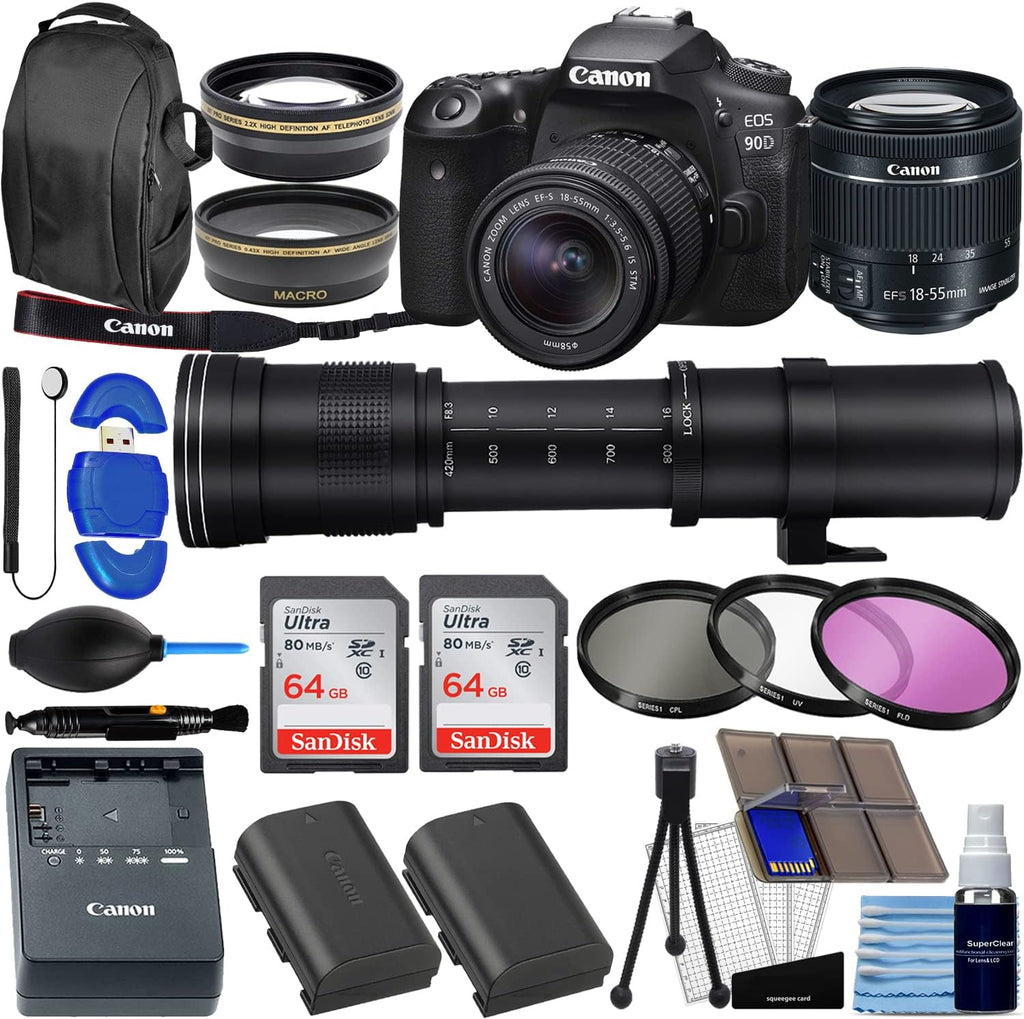 Canon EOS 90D DSLR Camera with EF-S 18-55mm f/4-5.6 is STM Lens + 420-800mm HD Super Zoom Lens Bundle with 128GB Memory + Wide Angle Lens + Telephoto Lens + 3pc Filter Kit + Extra Battery + Pro Kit