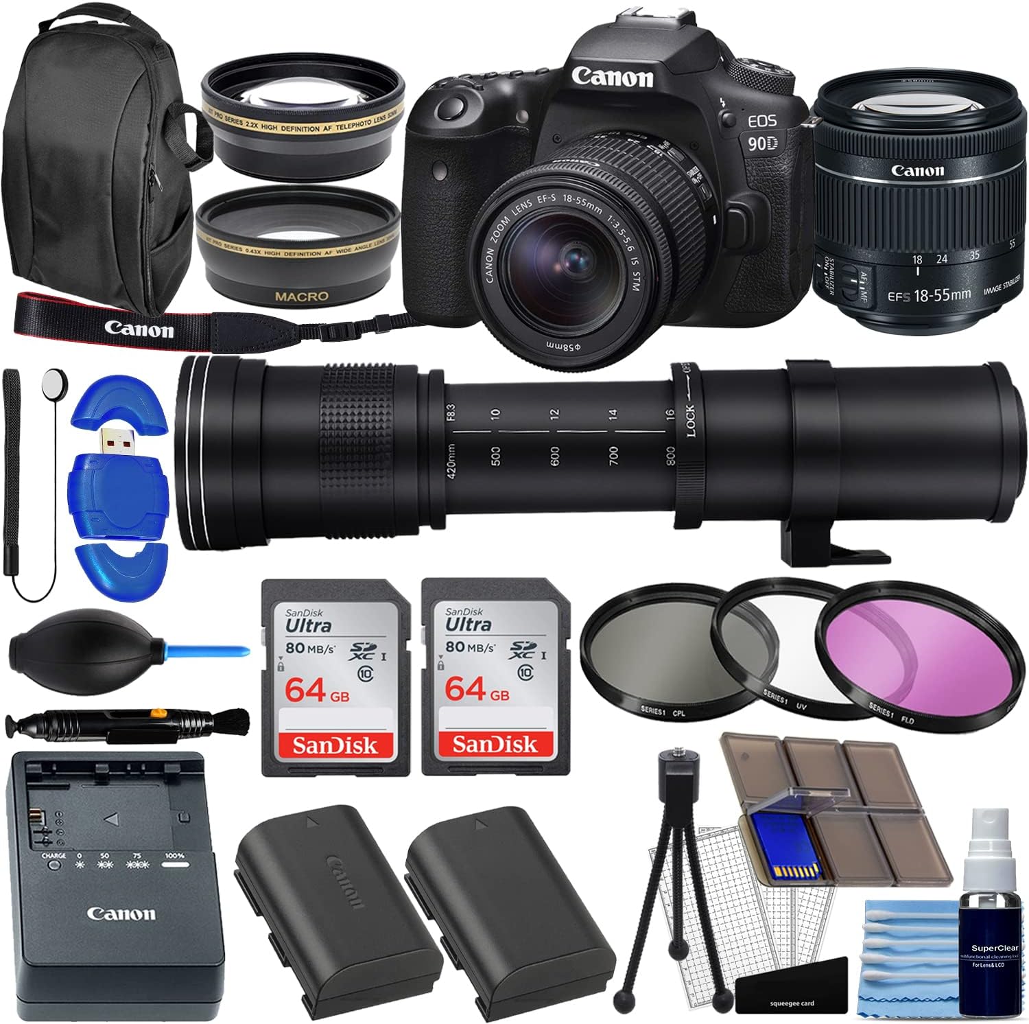 Canon EOS 90D DSLR Camera with EF-S 18-55mm f/4-5.6 is STM Lens + 420-800mm HD Super Zoom Lens Bundle with 128GB Memory + Wide Angle Lens + Telephoto Lens + 3pc Filter Kit + Extra Battery + Pro Kit