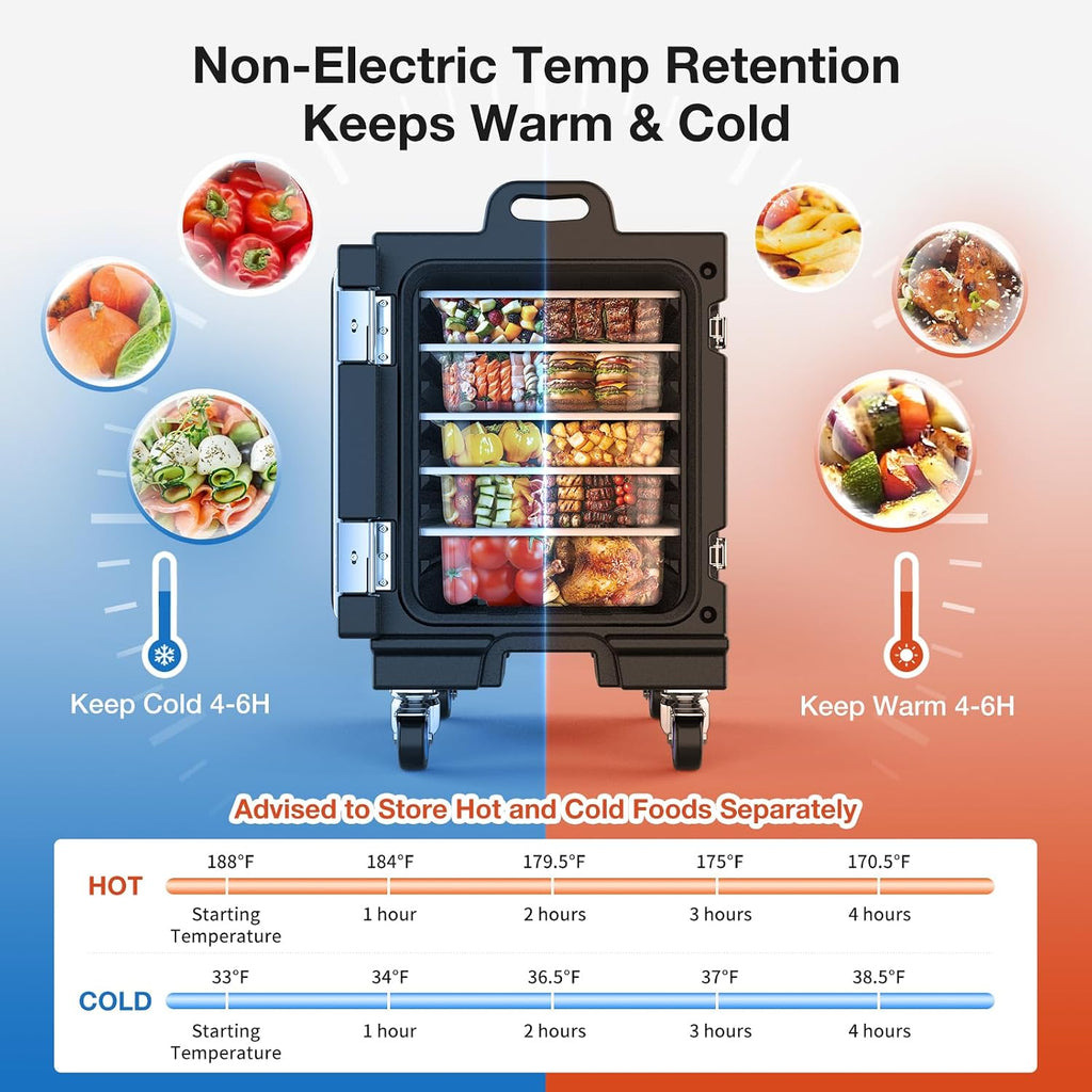 NEEDONE Food Warmer, 81 Qt LLDPE Insulated Food Pan Carrier for Hot/Cold Food, w/Double Buckles, Lockable Wheels, Handles, Stackable Design, Commercial Thermal Hot Box for 5 Full-Size Pans