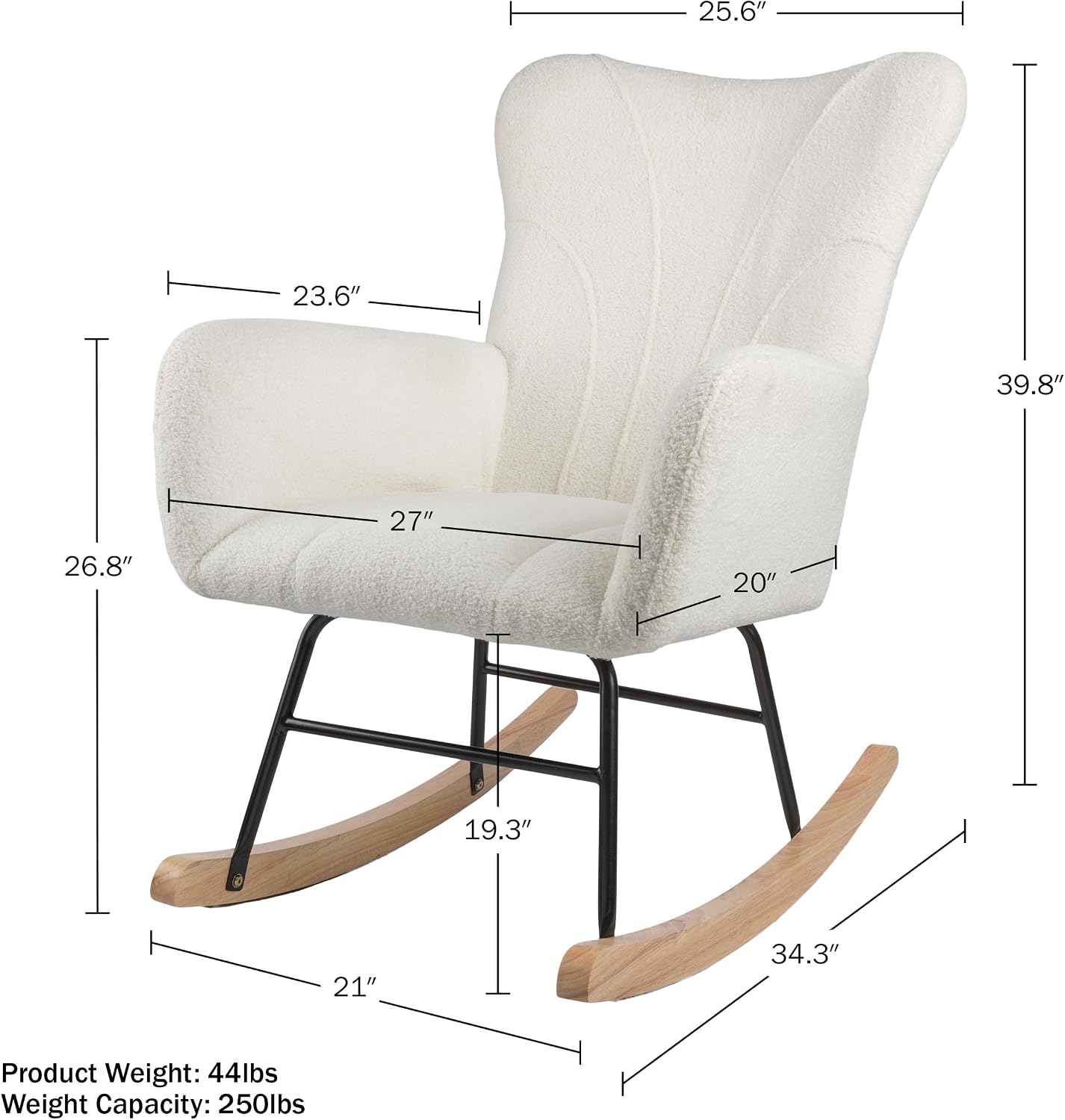 Rocking Chair - Teddy Fabric Upholstered Chair with Padded Seat and Contoured Armrests - Ergonomic Modern Rocker for Bedroom by Lavish Home (Cream)