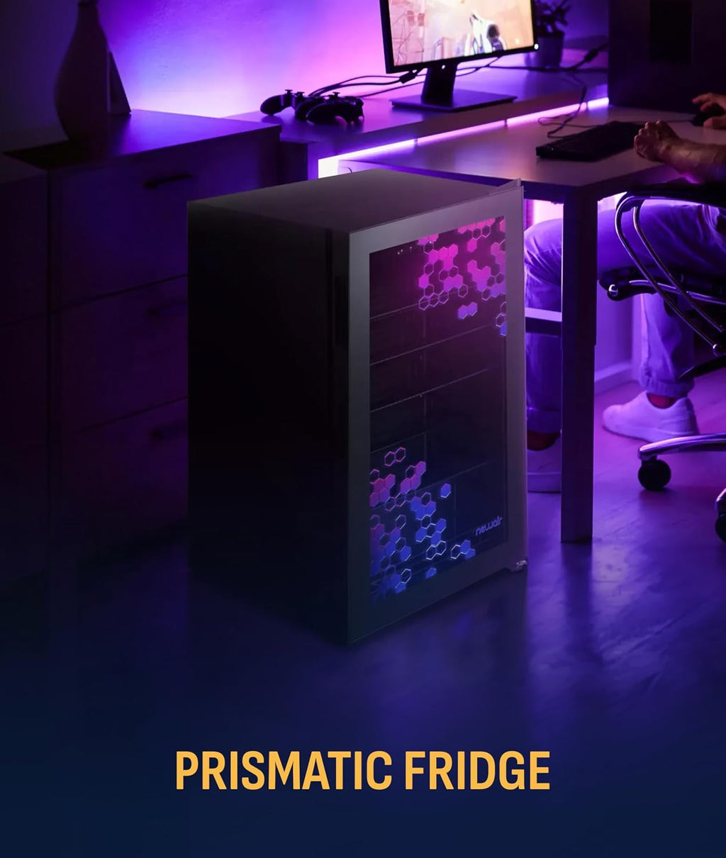 NewAir 85 Can Beverage Refrigerator with HexaColor LED Lights | Small Mini Fridge for Bedroom, Gaming Room, or Office | Remote Controlled Lighting & Quiet Cooling