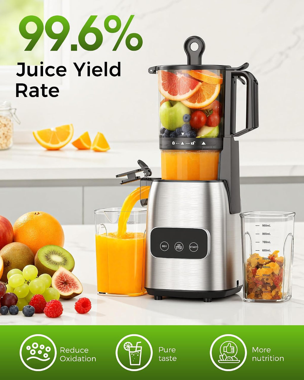 COWSAR Cold Press Juicer, Advanced Touch Controls Juicer Machines with 5.4' Wide Feed Chute, Quiet Motor High Juice Yield Slow Masticating Juicer for Whole Fruits & Vegetables