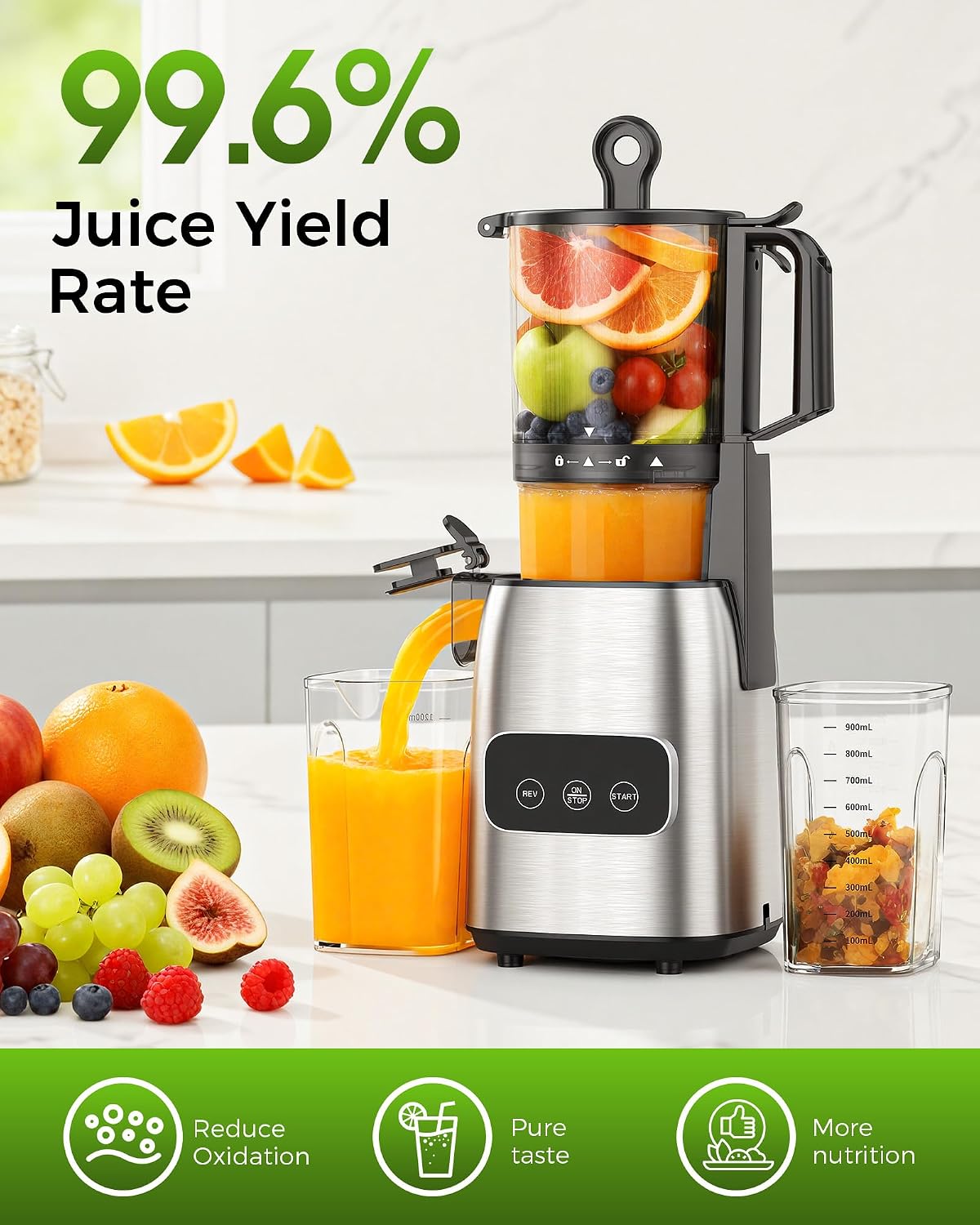 COWSAR Cold Press Juicer, Advanced Touch Controls Juicer Machines with 5.4' Wide Feed Chute, Quiet Motor High Juice Yield Slow Masticating Juicer for Whole Fruits & Vegetables