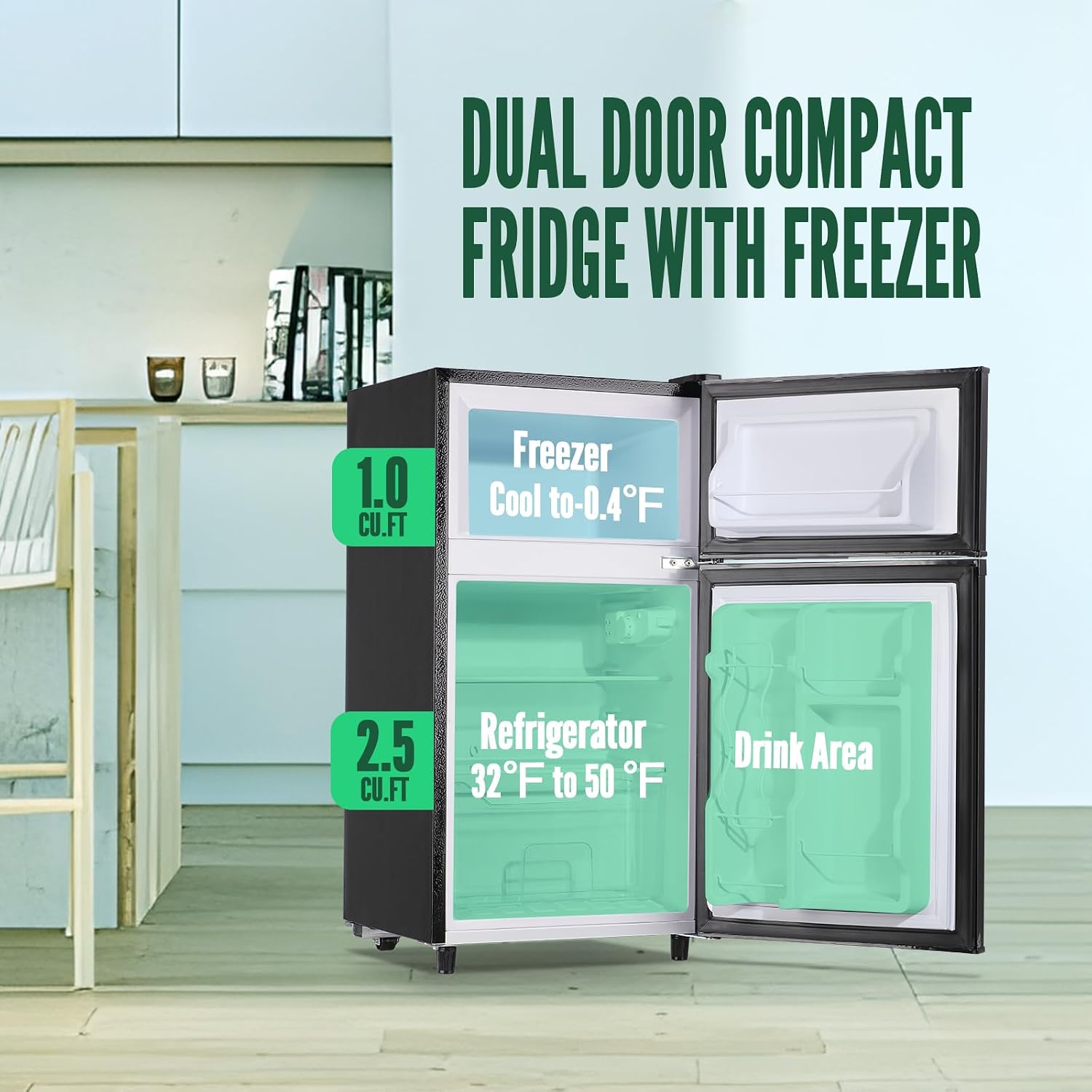 WANAI Mini Fridge with Freezer, 3.5 cubic feet 2- Doors Small Refrigerator Features 7 Gear Mechanical Control, Side Bottle Rack, LED Light, 2 Glass Removable Shelves, Crisper Drawer, Dark Grey
