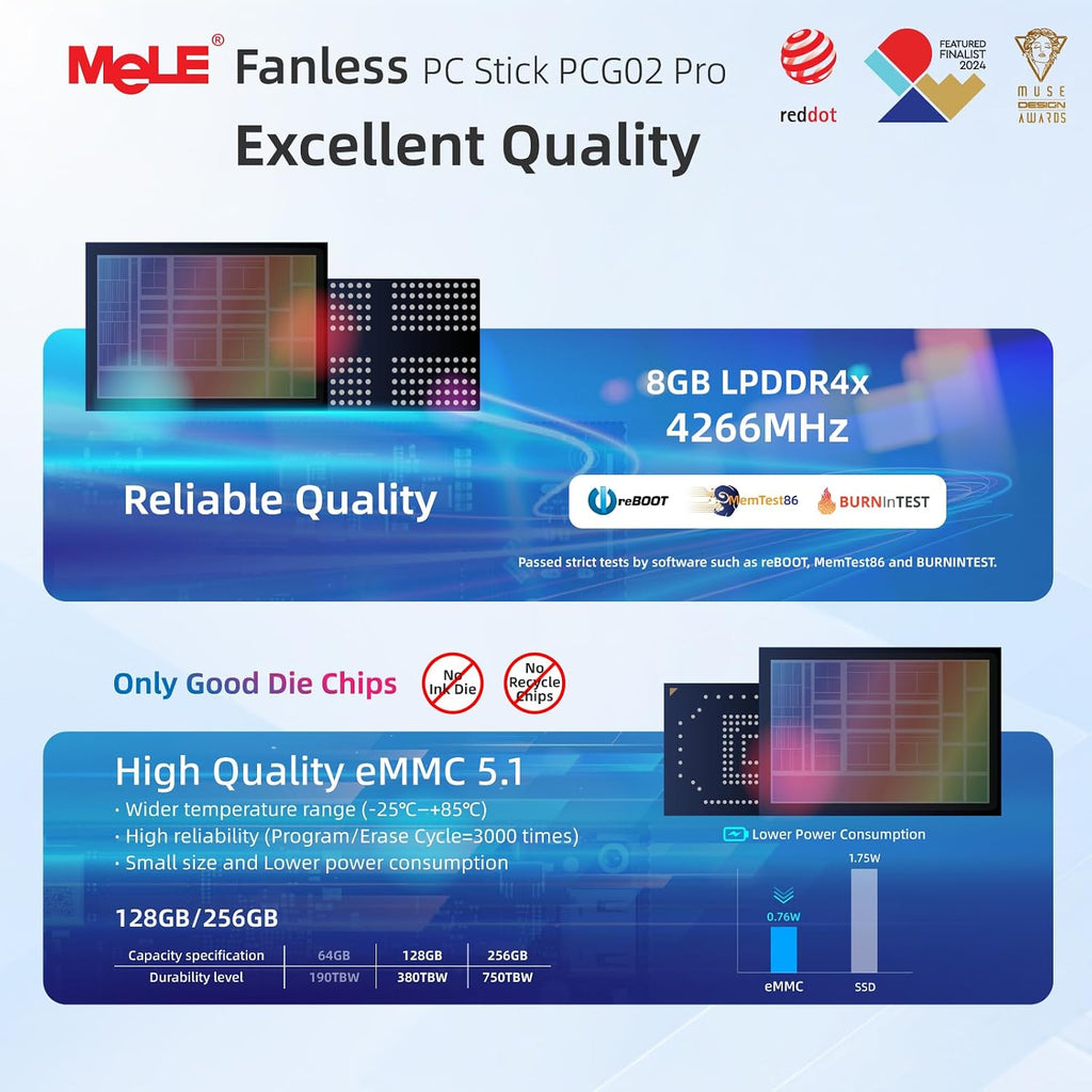 MeLE PCG02 Pro Fanless N100 Mini PC Stick 8GB LPDDR4x 128GB eMMC Win11pro Slim Micro Computer Stick Dual HDMI 4K Display WiFi 5 BT5.1 GbE, Support PD3.0 Protocol, on IoT, Digital Signage, MES, WMS