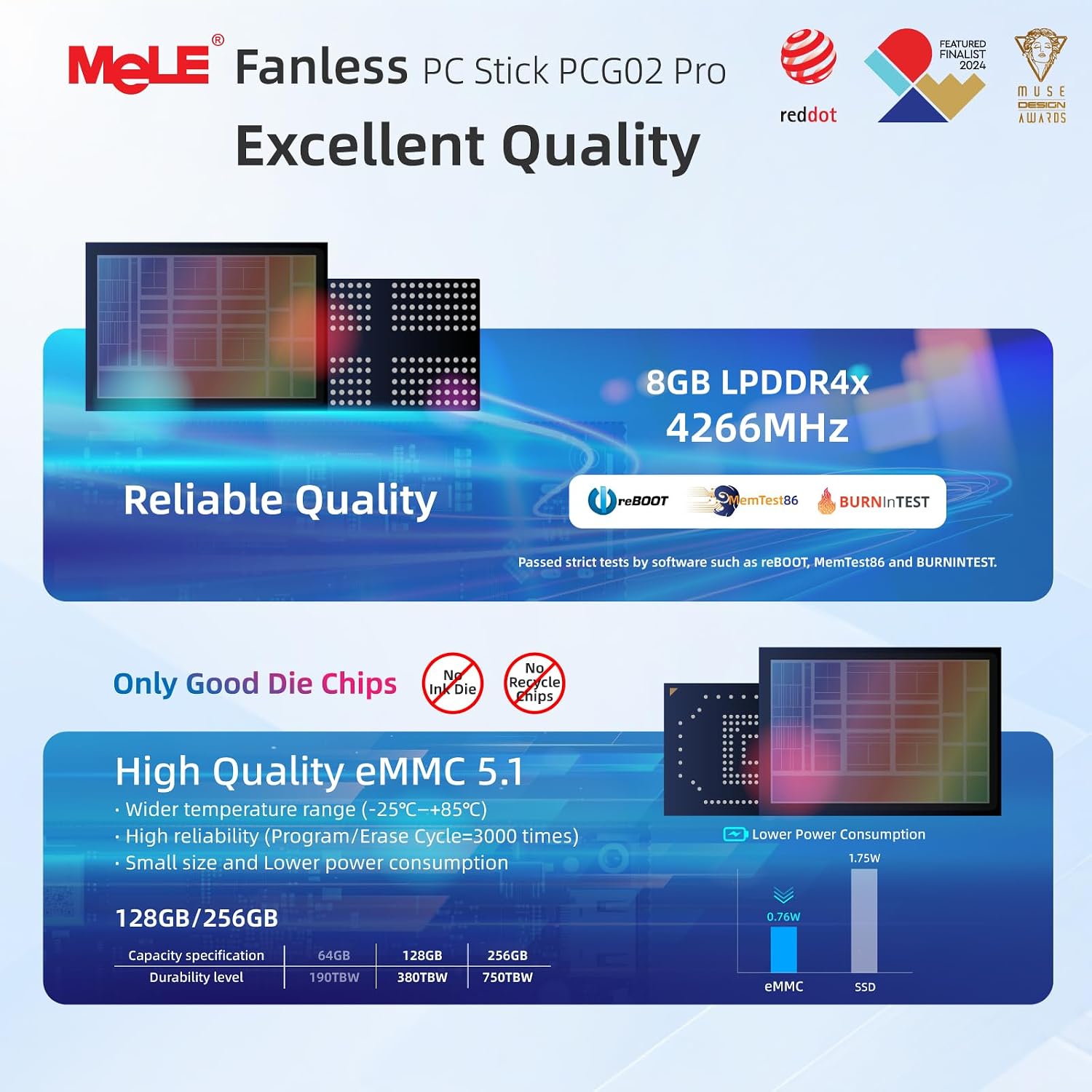 MeLE PCG02 Pro Fanless N100 Mini PC Stick 8GB LPDDR4x 128GB eMMC Win11pro Slim Micro Computer Stick Dual HDMI 4K Display WiFi 5 BT5.1 GbE, Support PD3.0 Protocol, on IoT, Digital Signage, MES, WMS