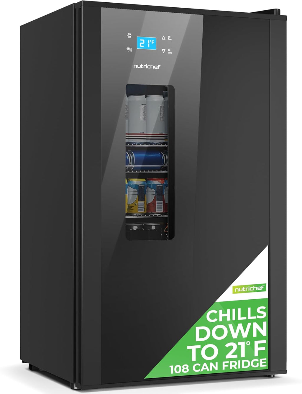 Nutrichef Beer Fridge 108 Can Capacity | Freestanding Beverage Refrigerator with Glass Door for Beer & Soda | Adjustable Temperature 21°F to 64°F | Adjustable Shelves | 19 x 17 x 33 IN | Black