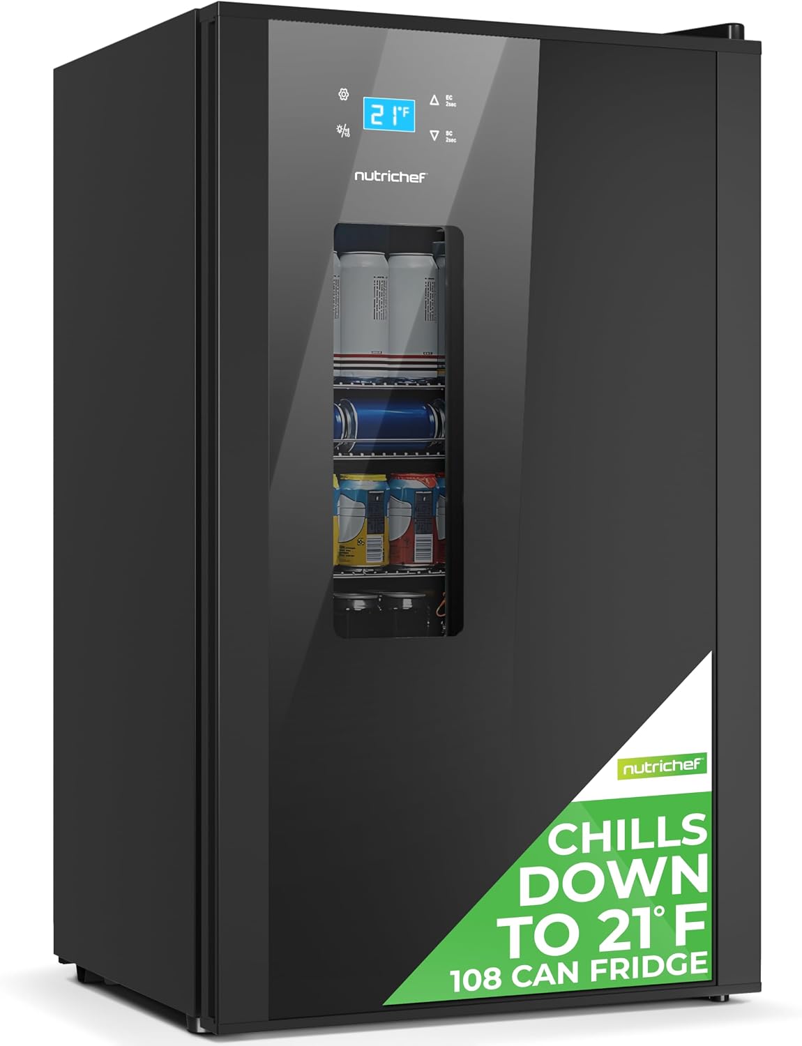 Nutrichef Beer Fridge 108 Can Capacity | Freestanding Beverage Refrigerator with Glass Door for Beer & Soda | Adjustable Temperature 21°F to 64°F | Adjustable Shelves | 19 x 17 x 33 IN | Black