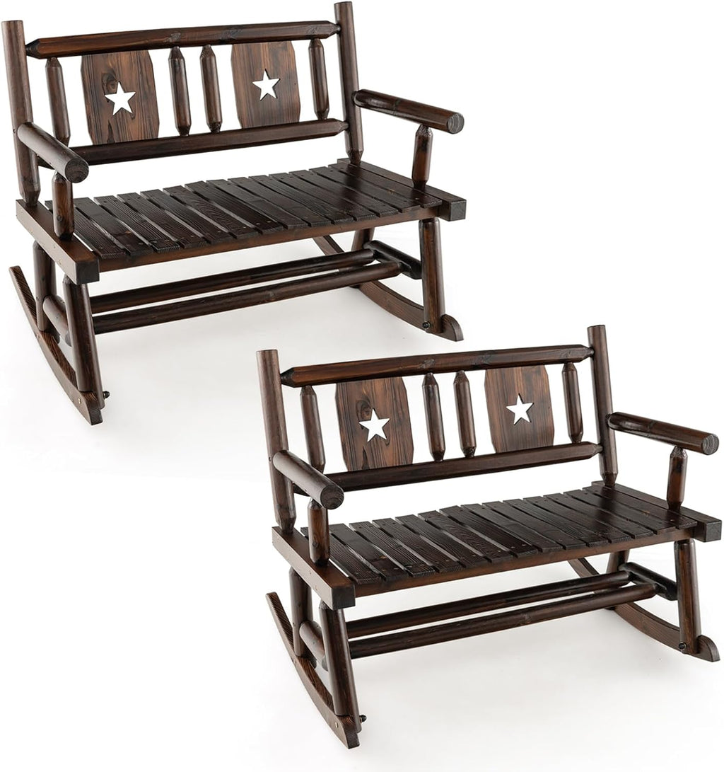 Giantex Outdoor Rocking Bench, Patio Loveseat Rocker for 2 w/Ergonomic Back & Log Arms, Carbonized Fir Wood Frame, Wooden Double Rocking Chair for Porch, Garden, 710 LB Capacity, Rustic Brown (2)