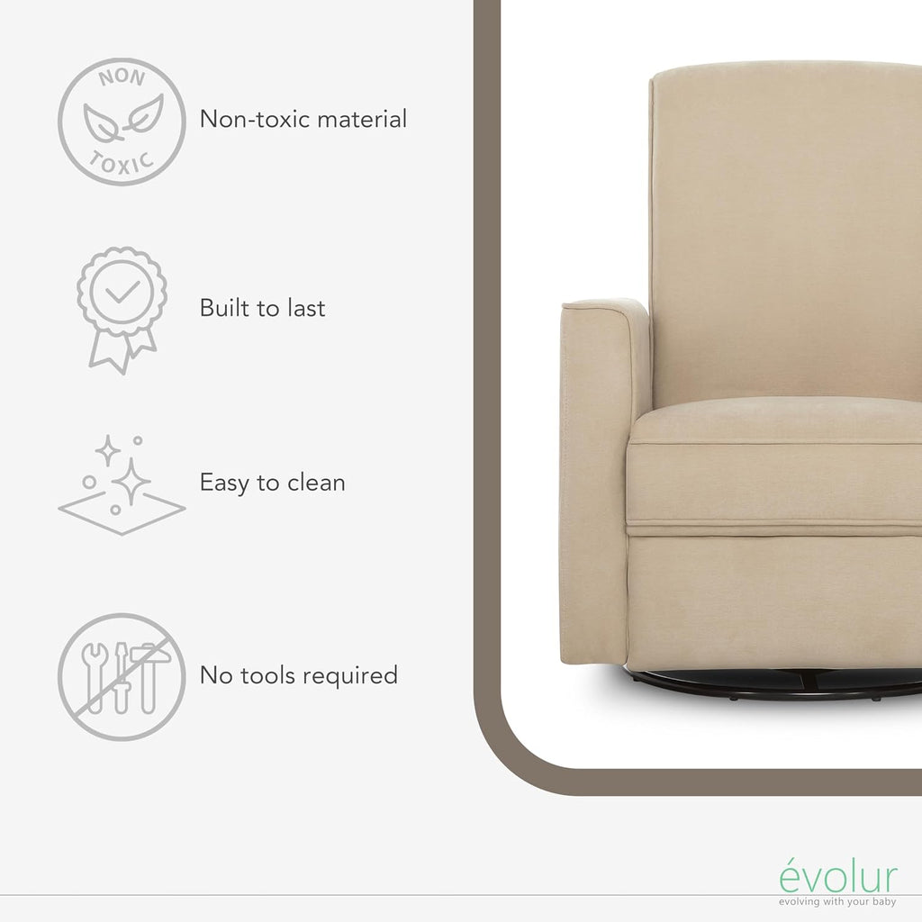 Evolur Harlow Upholstered Power Glider Recliner with USB Charging – Rocking & 275° Swivel with Smooth Glide – Greenguard Gold & FSC Certified – Modern Nursery and Living Room Chair in Tan