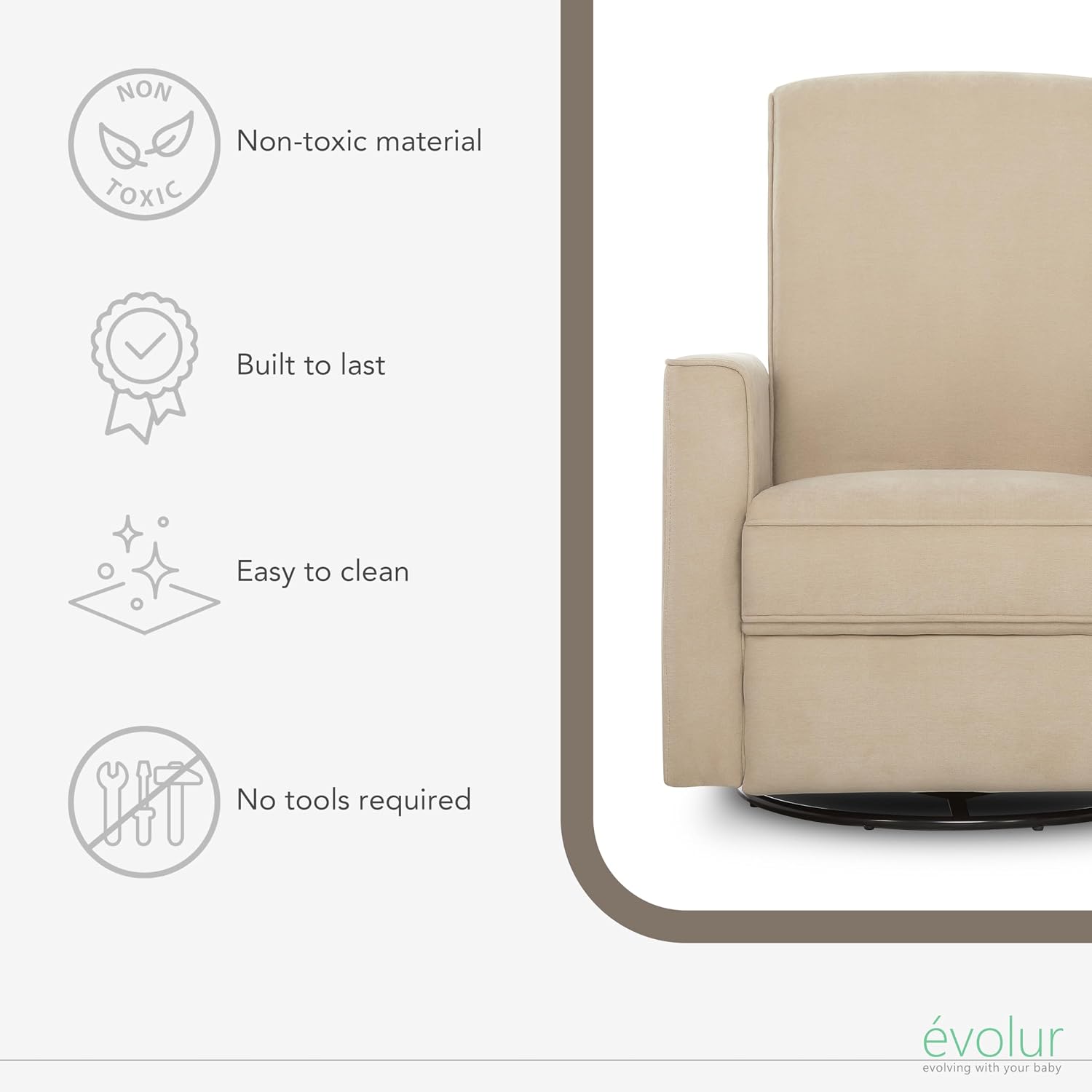 Evolur Harlow Upholstered Power Glider Recliner with USB Charging – Rocking & 275° Swivel with Smooth Glide – Greenguard Gold & FSC Certified – Modern Nursery and Living Room Chair in Tan