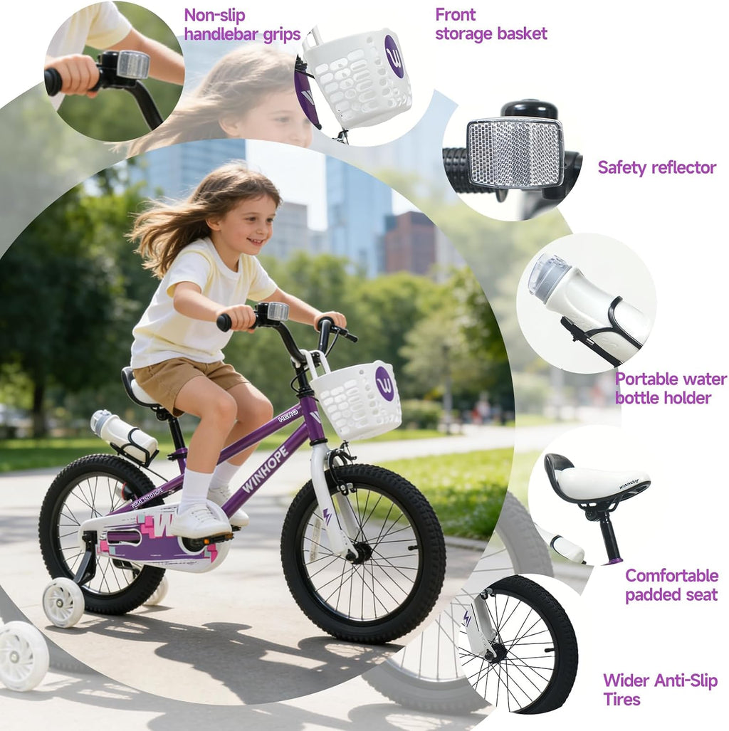 WinHope Kids Bike, 12 14 16 18 Inch Children Bicycle with Light up Training Wheels and Dual Brakes, Toddler Bike for Beginner with Adjustable Seat and Headlebar for Boys Girls 2-9, Multiple Colors