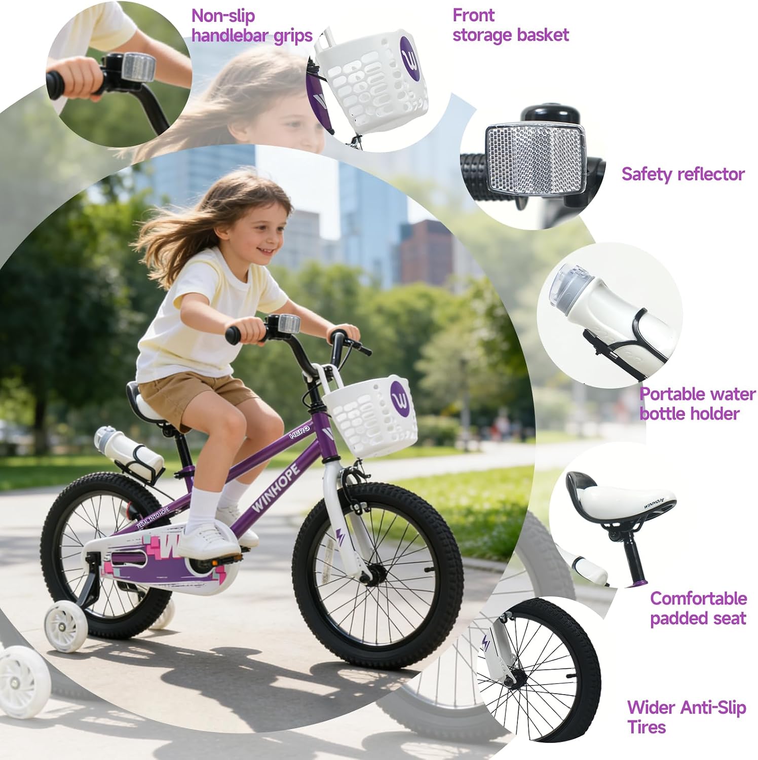 WinHope Kids Bike, 12 14 16 18 Inch Children Bicycle with Light up Training Wheels and Dual Brakes, Toddler Bike for Beginner with Adjustable Seat and Headlebar for Boys Girls 2-9, Multiple Colors