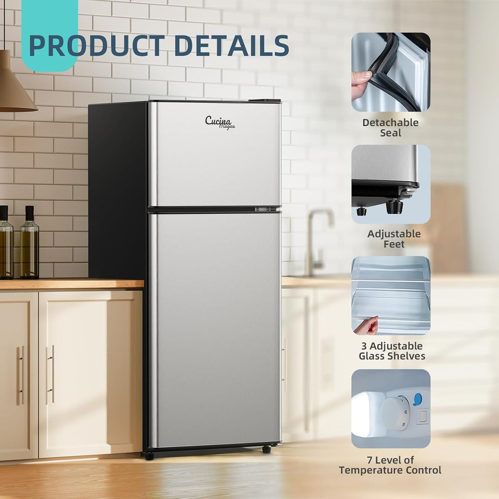 Cucina Magica 3.8 Cu Ft Mini Fridge for Bedroom, 2 Door Small Fridge, 7 Level Thermostat, LED Light, Small Refrigerator for Bedroom, Office, Dorm