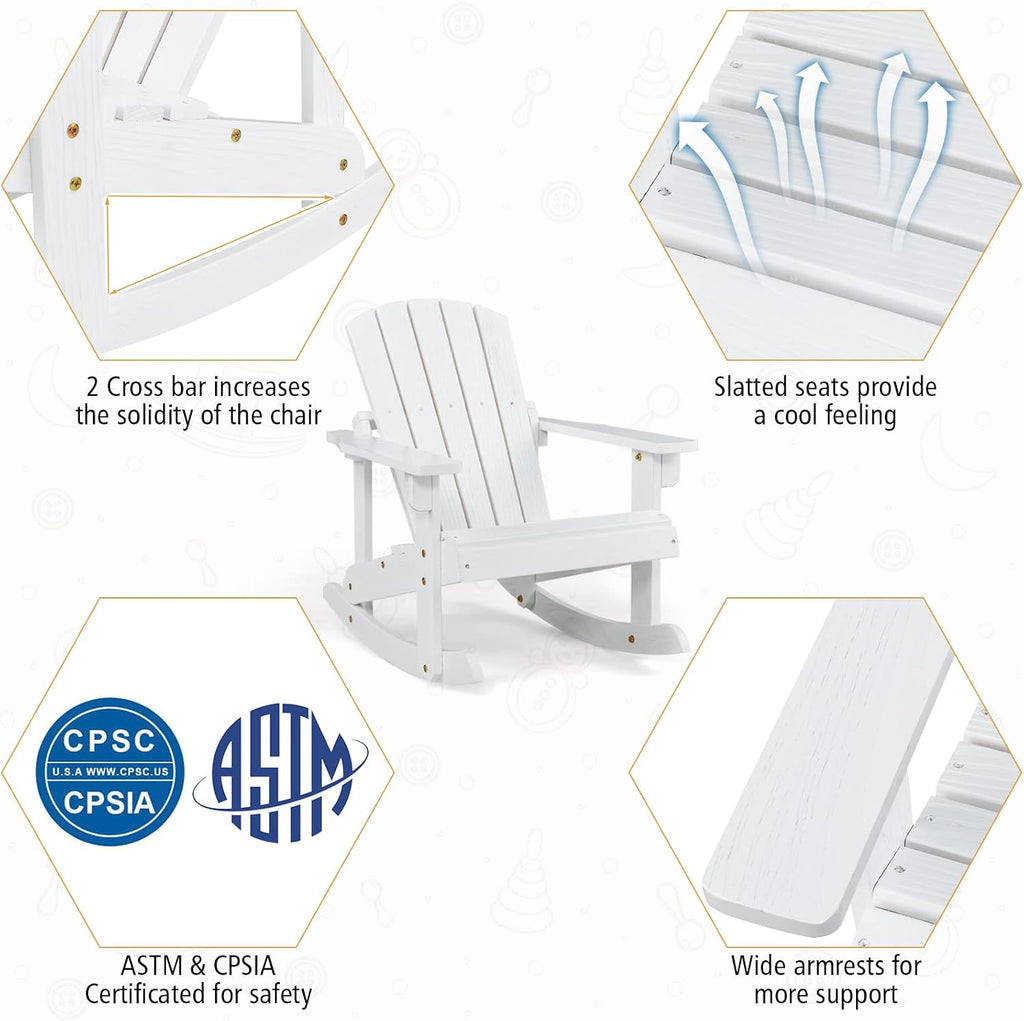 Giantex Wooden Adirondack Rocking Chairs Set of 2 - Kids Outdoor Rocker with Slatted seat, Smooth Rocking Feet, 300LBS Weight Capacity, Porch Rocking Chair for Balcony, Backyard, Poolside (2, White)