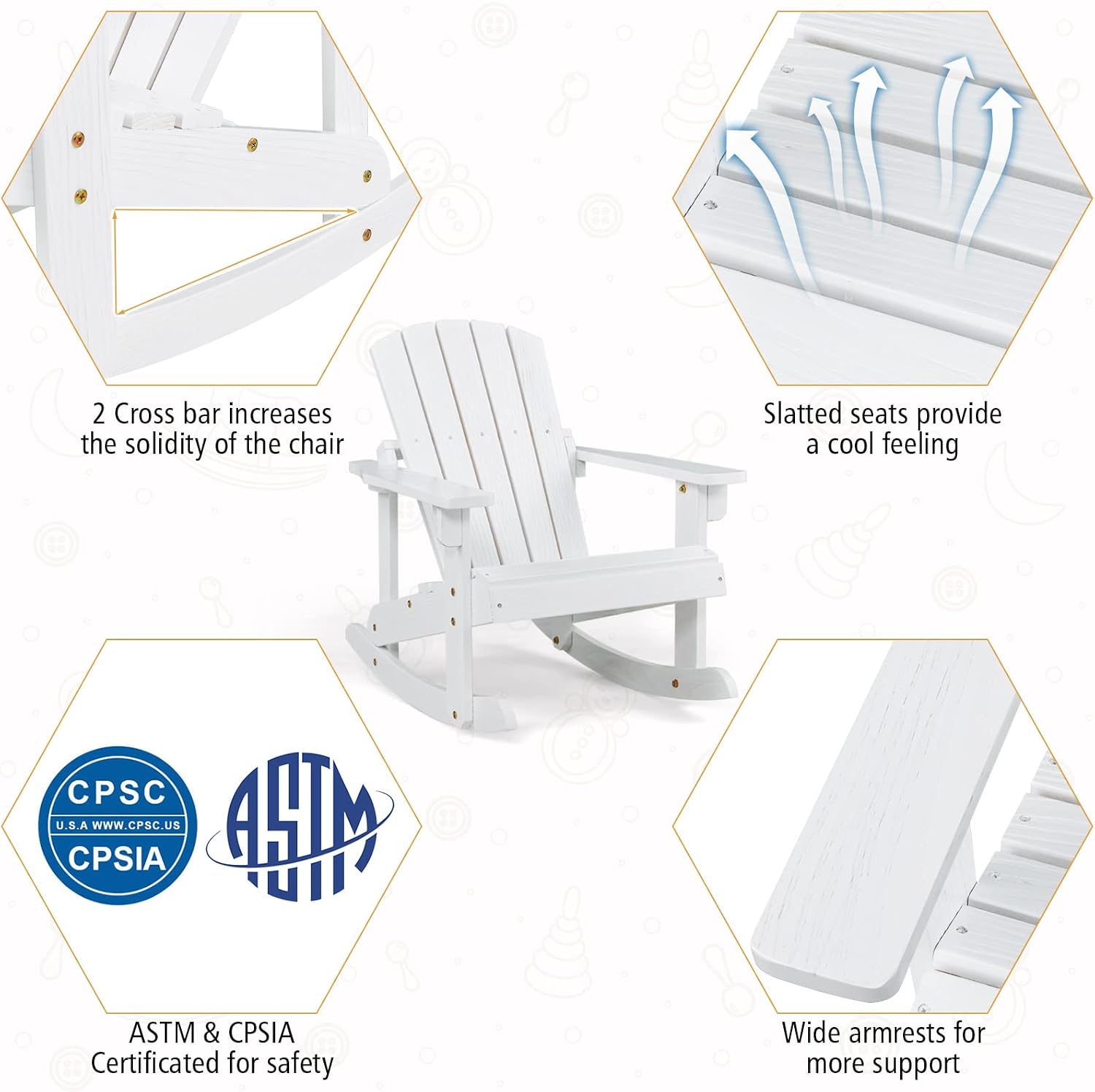 Giantex Wooden Adirondack Rocking Chairs Set of 2 - Kids Outdoor Rocker with Slatted seat, Smooth Rocking Feet, 300LBS Weight Capacity, Porch Rocking Chair for Balcony, Backyard, Poolside (2, White)