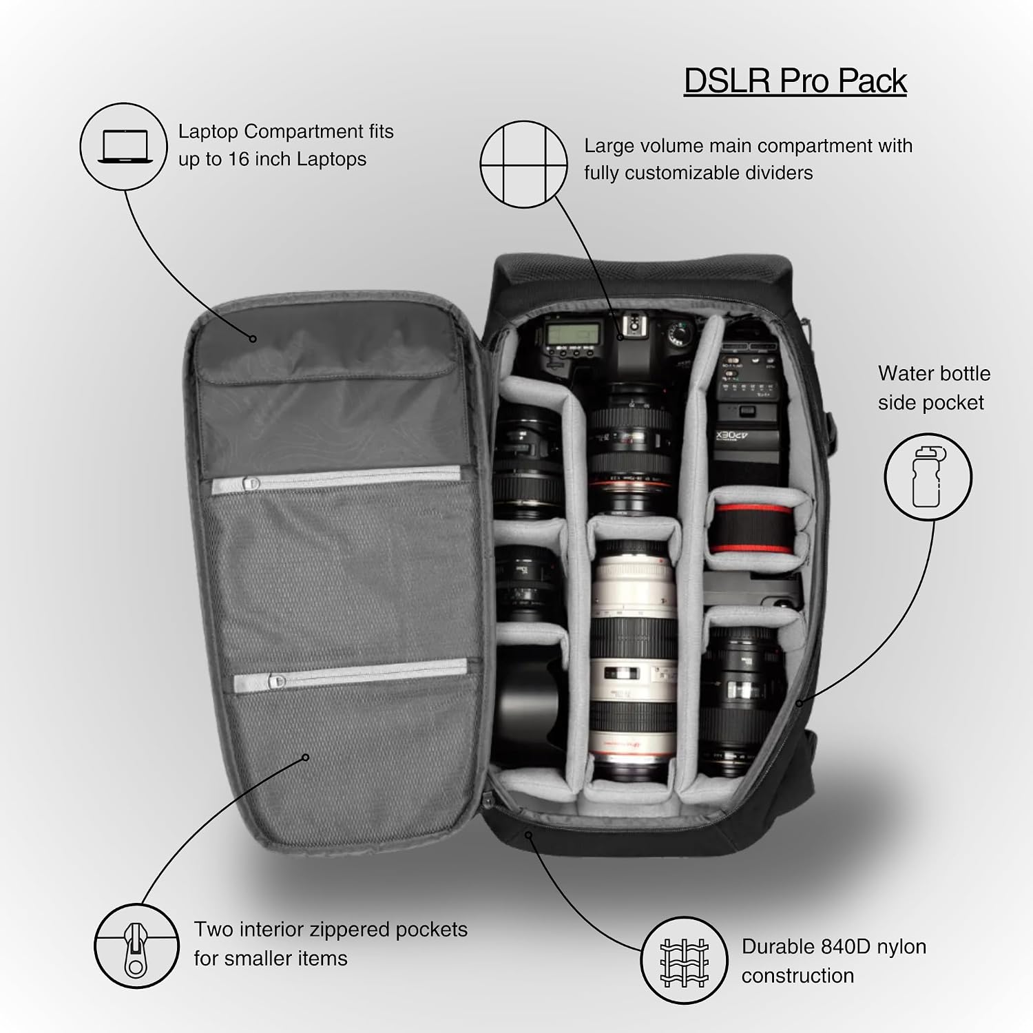Incase DSLR BackPack with Durable 840D Nylon - 26L Weather Resistant Camera Bag designed for Photographers and Videographers, Customizable Dividers to Secure all Equipment, Quick Access Pocket - Black