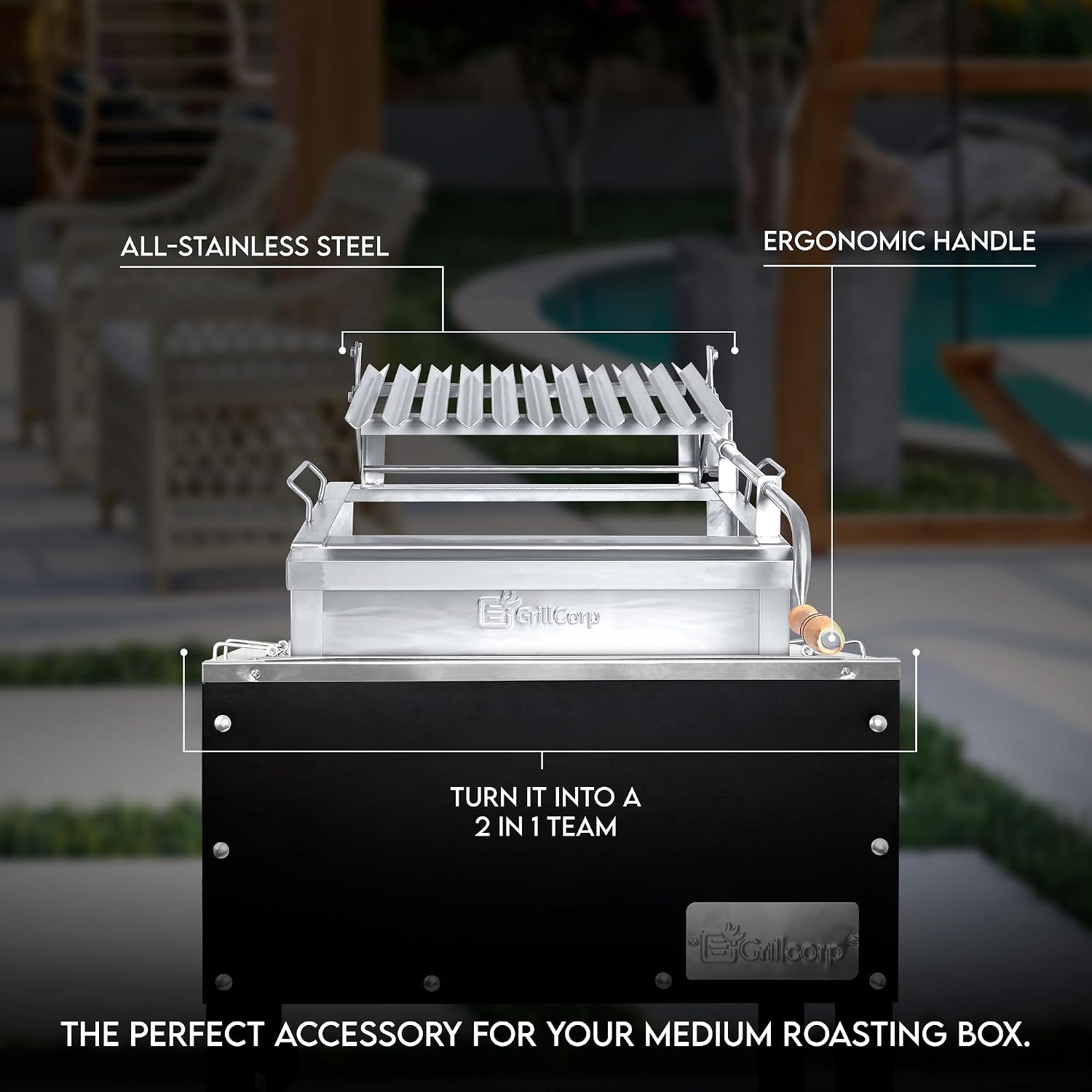 Junior Argentine Grill – Portable & Built-in 100% Stainless Steel BBQ with Lifting System & Drip Pan – Fits Junior Grillcorp Roasting Box – Outdoor Cooking & Camping Accessory