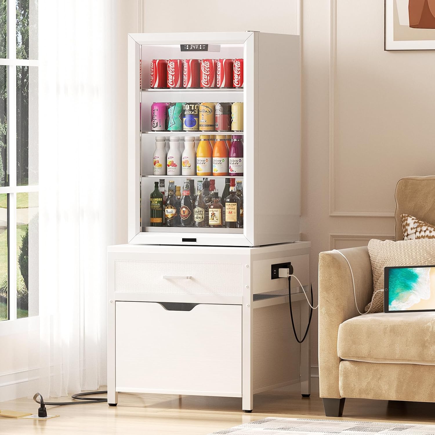 Unikito Mini Fridge Stand with Drawer Storage and Sockets, Heavy Duty Small Refrigerator Stand Cart for Dorm, Apartment, Office, Bedroom, Mini Fridge and Microwave Stand, Hold 300LBS, White