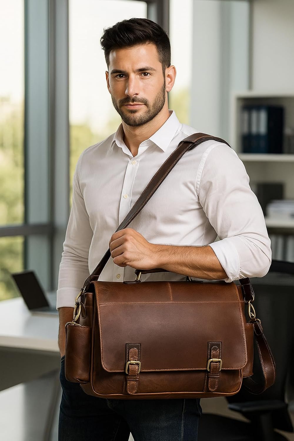 18-Inch Brown Premium Leather Messenger Bag for Men & Women - Briefcase, Camera & Laptop, Crossbaody, Handbag, Shoulder, Travel Bag