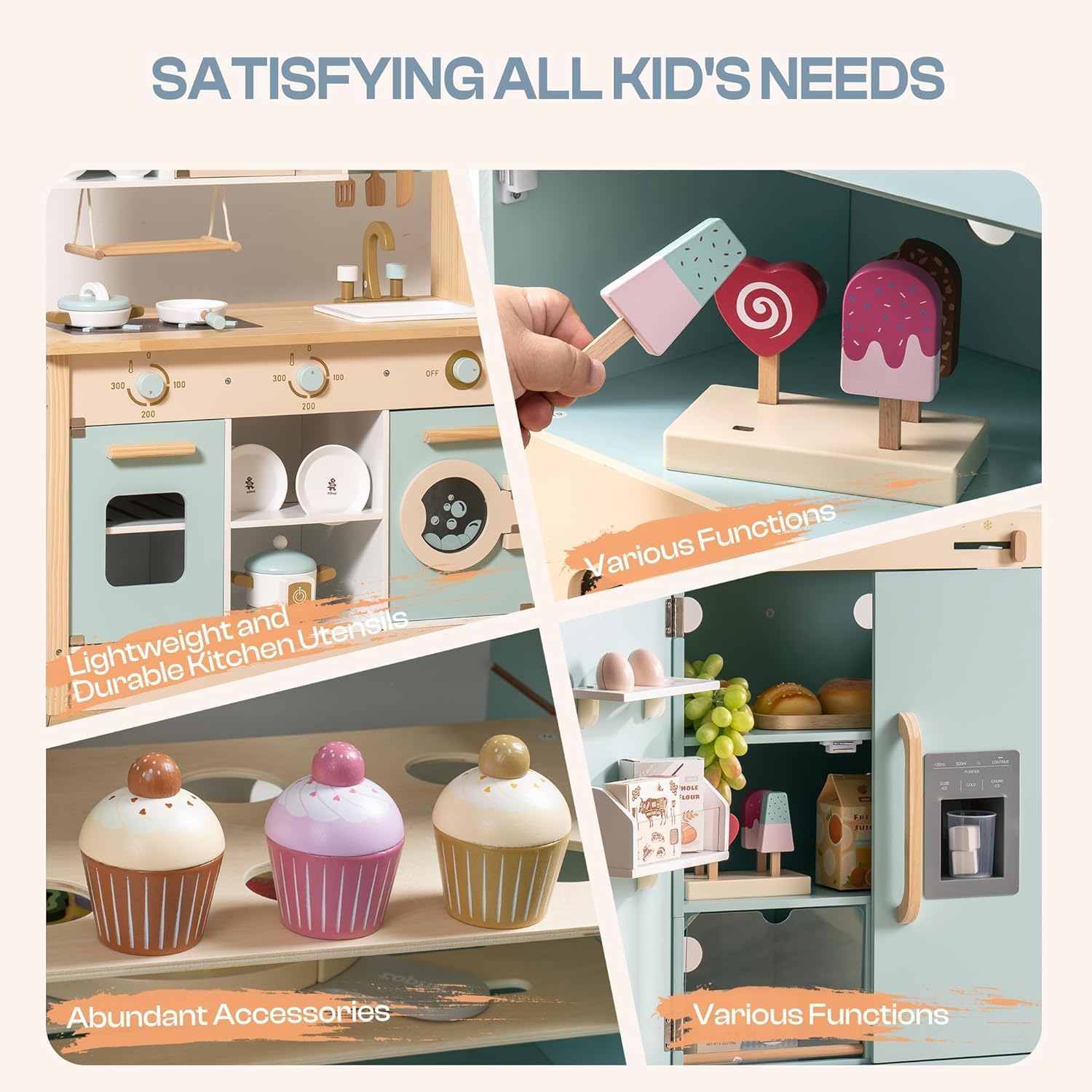 ROBOTIME Wooden Play Kitchen, Toddler Kitchen Playset with Oven, Fridge & Washing Machine, Kids Kitchen Playset Gift for 3+ Year Old Boys & Girls