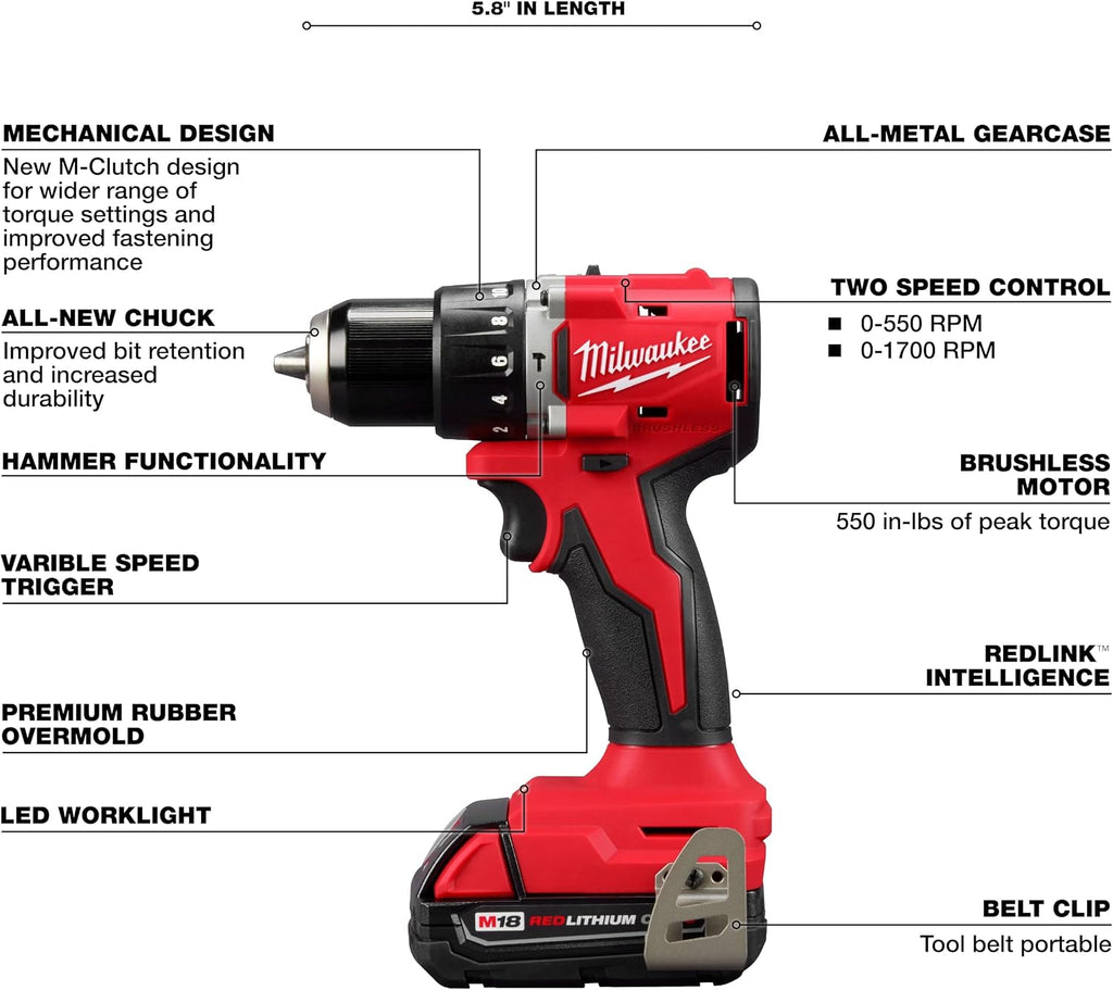 Milwaukee Electric - M18COMPACT BRUSHLESS 1/2 INCH Hammer Drill/Driver
