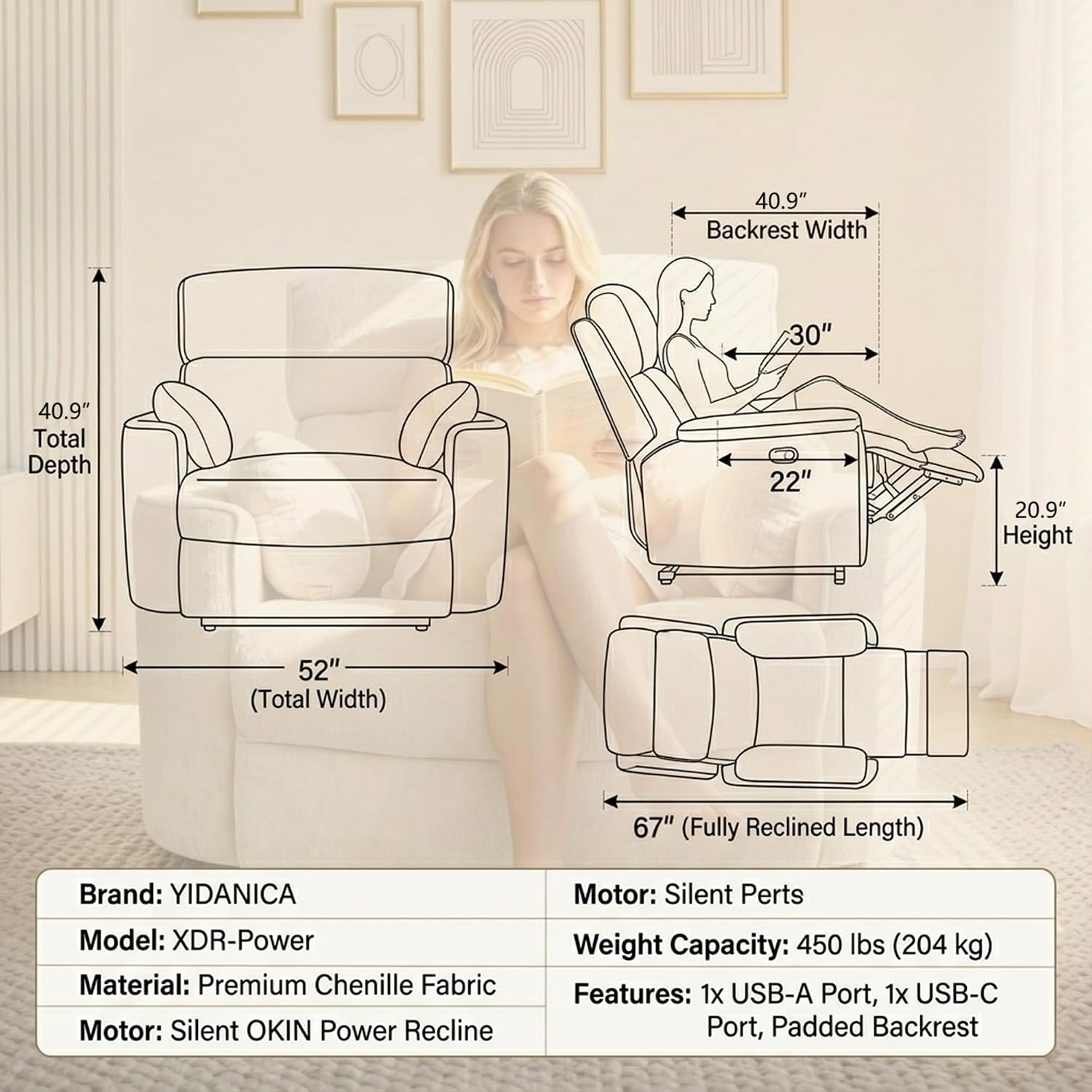 450lbs Oversized Power Recliner Chair for Big and Tall Adults, 52' Extra Wide Electric Recliner with USB & Type-C Ports, Chenille Fabric Single Sofa Chair for Living Room & Bedroom, Beige