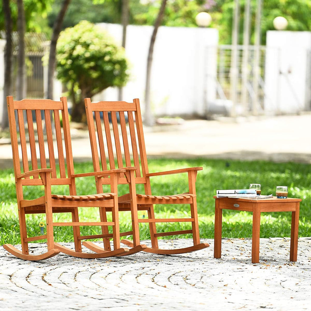 Giantex 3 Piece Patio Rocking Chair Set, Outdoor Wood Conversation Set w/ 2 Rockers & 1 Coffee Table, Eucalyptus Wooden Rocking Bistro Set for Backyard Porch Poolside Lawn