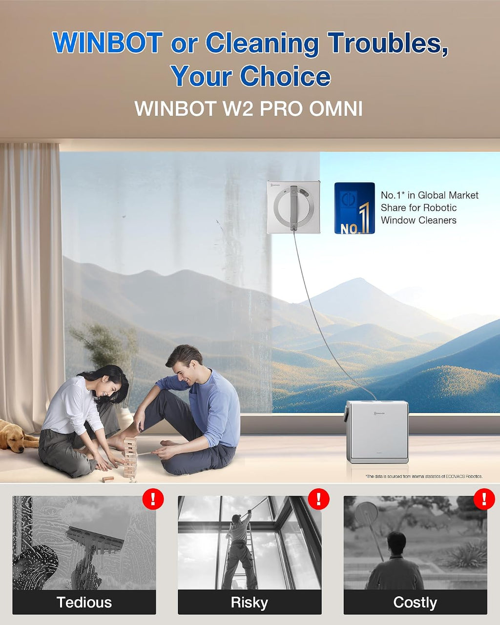 ECOVACS WINBOT W2 PRO Omni Portable Window Cleaning Robot with Multi-Functional Station, Charging While Working, Intelligent Cleaning with Triple Nozzle Water Sprayer, 12-Level Protection