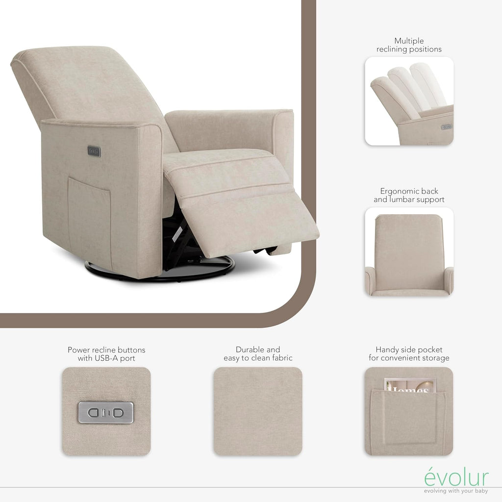 Evolur Harlow Upholstered Power Glider Recliner with USB Charging – Rocking & 275° Swivel with Smooth Glide – Greenguard Gold & FSC Certified – Modern Nursery and Living Room Chair in Tan