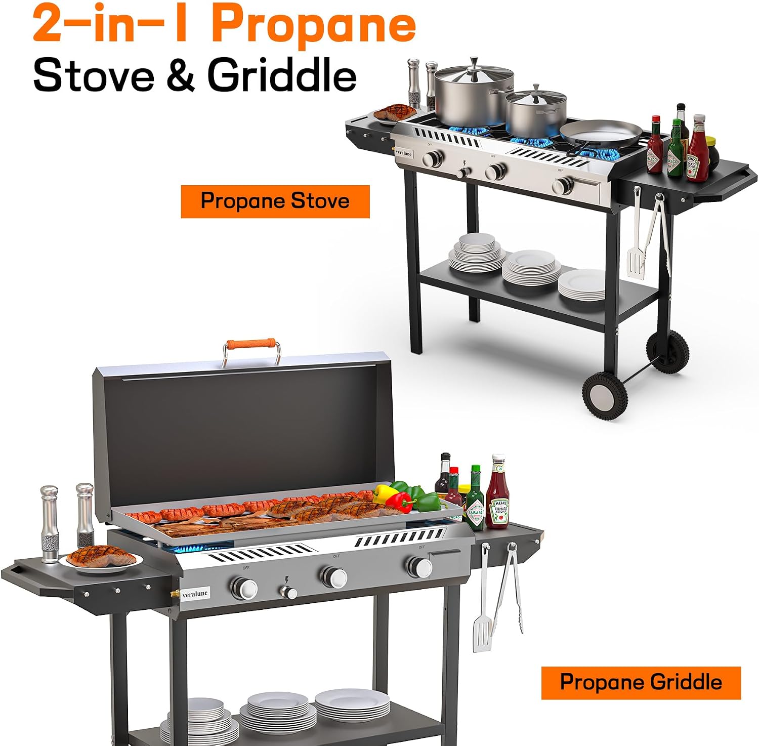 Veralune 3 Burner Outdoor Propane Gas Stove with Griddle, Ignition & Side Shelves, 225,000 BTU Powerful Stand Cooker for Backyard Patio Cooking Home Brewing Canning Turkey Frying