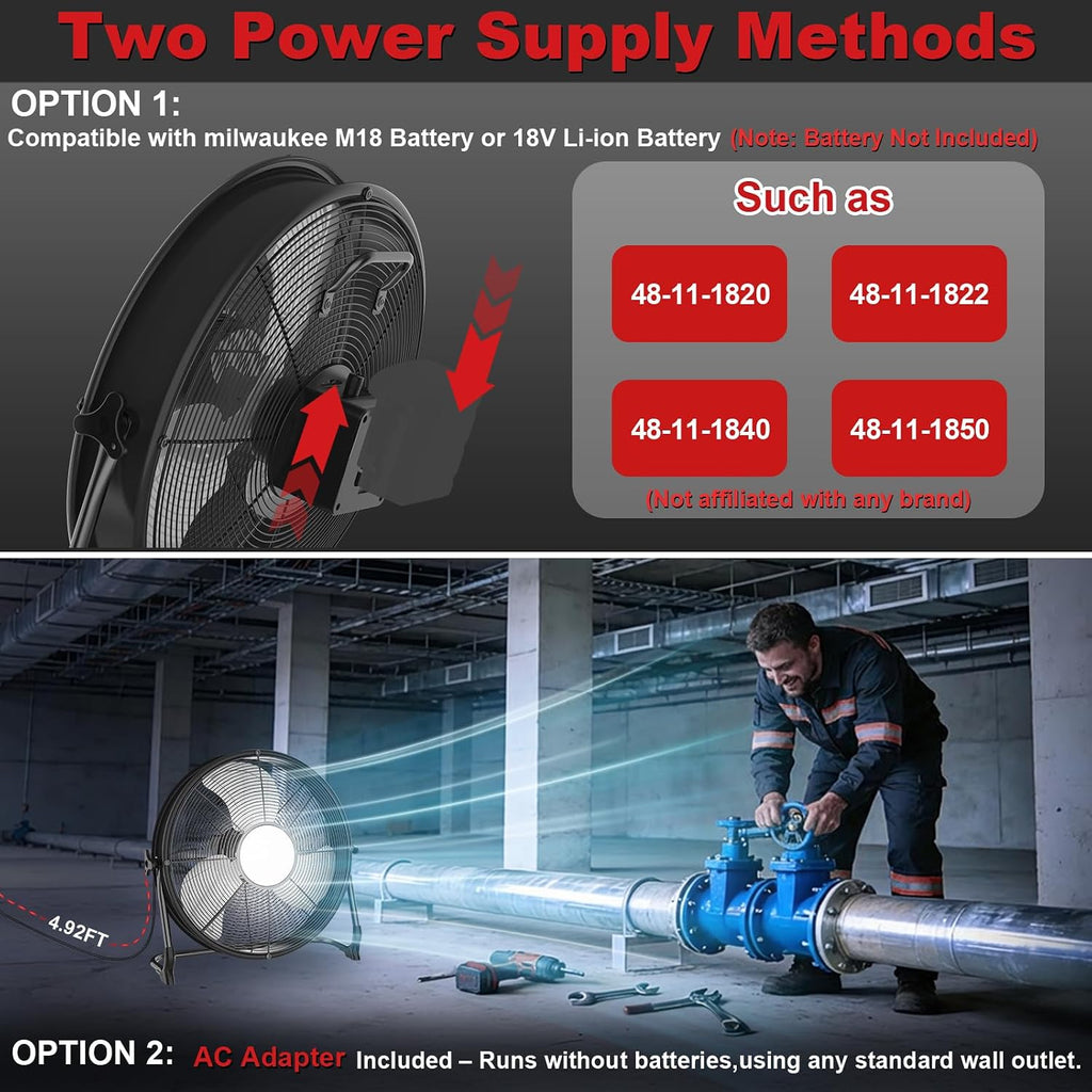 16' Battery Operated Floor Fan with Light Compatible with Milwaukee M18 18V Battery, Portable Fan with AC Adapter and USB Output, Metal High Velocity, Stepless Speed Cordless Fan for Jobsite Camping