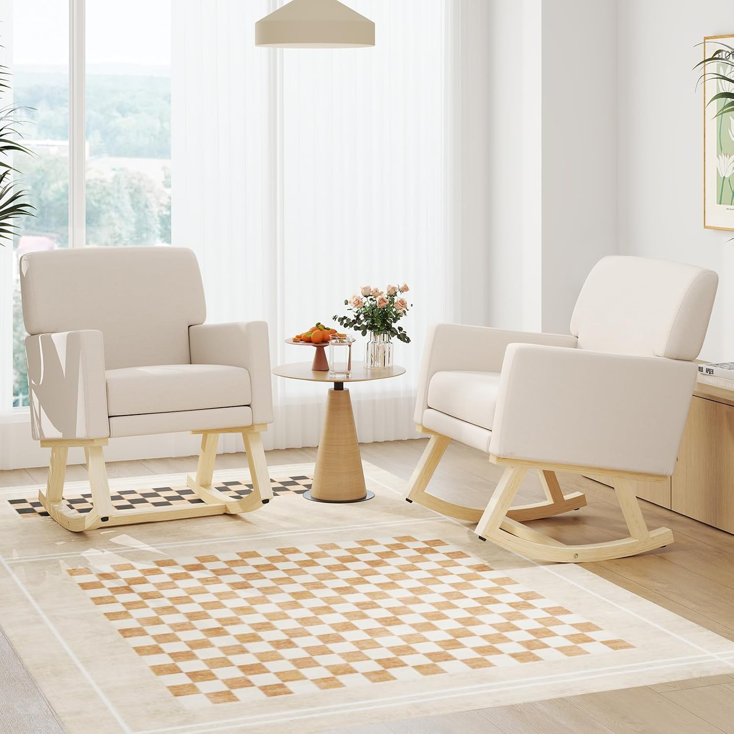 Giantex Upholstered Rocking Chair, Nursery Rocking Chair w/Widened Back, Machine-Washable Seat Cushion Cover, Solid Rubber Wood Frame, Glider Rocker Accent Chair for Living Room, Bedroom, Beige