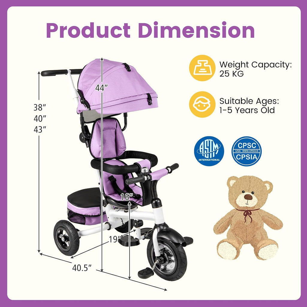 HONEY JOY Tricycle, 5-in-1 Folding Baby Trike Stroller w/Adjustable Handle & Canopy, Reversible Seat, Safety Belt, Folding Pedal, Bell, Storage, Push Tricycle for Toddlers 1-5 Years Old (Purple)