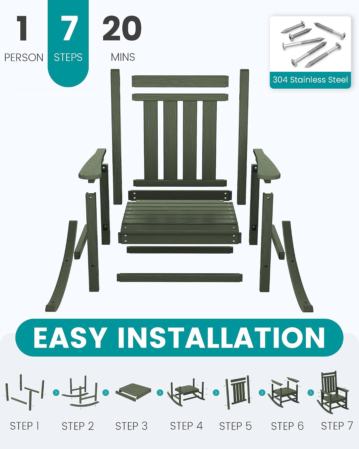 SERWALL Oversized Outdoor Rocking Chair Set of 2, HDPE Rocker for Adults, Patio Rocking Chairs for Porch, Avocado Green