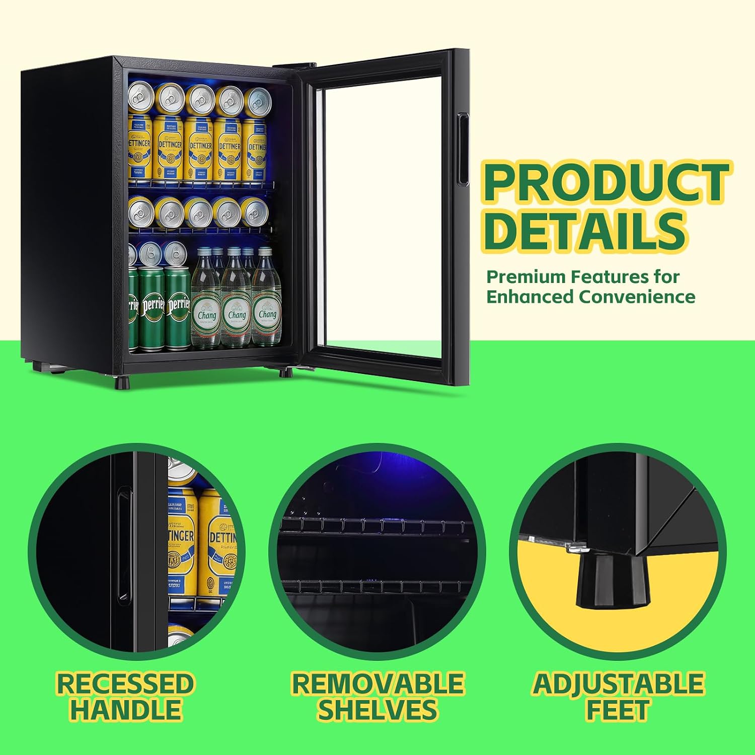 WANAI Beverage Refrigerator Cooler 2.6 Cu.Ft, 85 Can Mini Small Fridge with Glass Door LED Light and Adjustable Shelves for Soda Beer or Wine, Perfect for Home Bar Office, Black