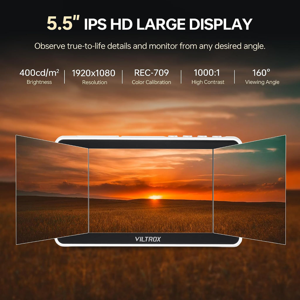 VILTROX DC-V1 5.5' Touchscreen Camera Field Monitor DSLR Monitor with 3D LUT Waveform 400Nits 160° Wide View Angle 1920X1080 IPS 4K HDMI Loop in/Out Video Peaking Focus Assist, Battery/Sunshade Hood